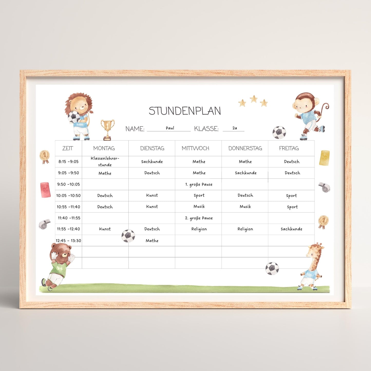 Stundenplan Fußball A4 mit niedlichen Cartoon-Fußball-Tieren wie Löwe, Affe und Giraffe; laminiert, wiederverwendbar, ideal für Fußball-begeisterte Schulkinder.