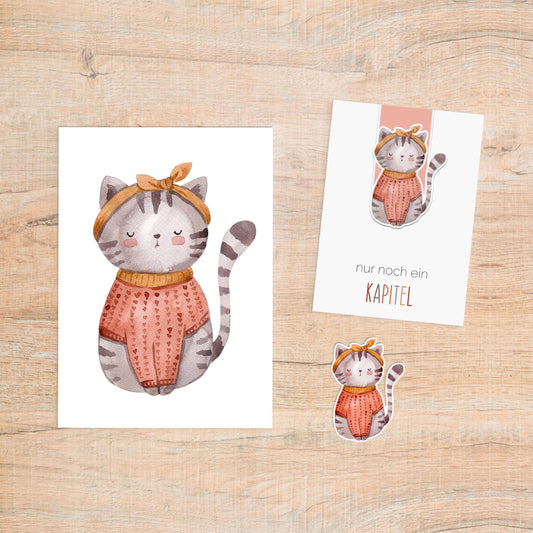 Geschenk-Set Katze 3-teilig mit Karte, magnetischem Lesezeichen und Katzen-Sticker, ideal für Katzen- und Bücherliebhaber. Gedruckt auf hochwertigem Papier und Vinyl.