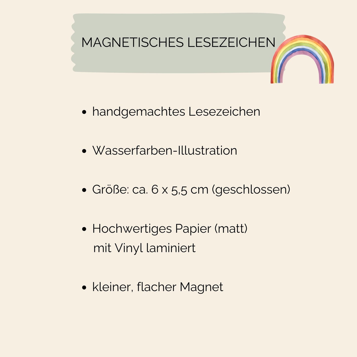 Magnetisches Lesezeichen Regenbogen blau, handgemalt, aus mattem 200g Papier, mit Vinyl geschützt. Enthält innenliegende Magnete für sicheren Halt, ca. 6 x 5,5 cm.