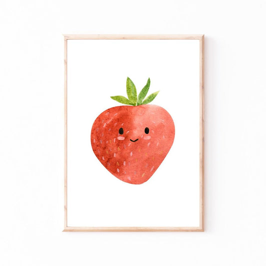 Poster Erdbeere A5, A4 & A3 zeigt eine lächelnde Erdbeere, ideal als fröhliche Kinderzimmerdeko, auf mattem Naturpapier gedruckt.