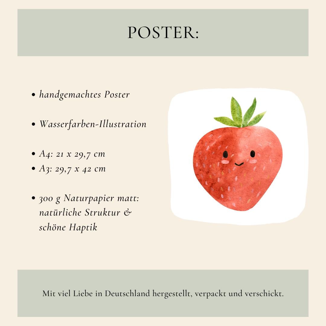 Poster Erdbeere A5, A4 & A3 zeigt eine lächelnde Erdbeere, ideal für Kinderzimmer, gedruckt auf hochwertigem 300g Naturpapier, erhältlich in drei Größen.