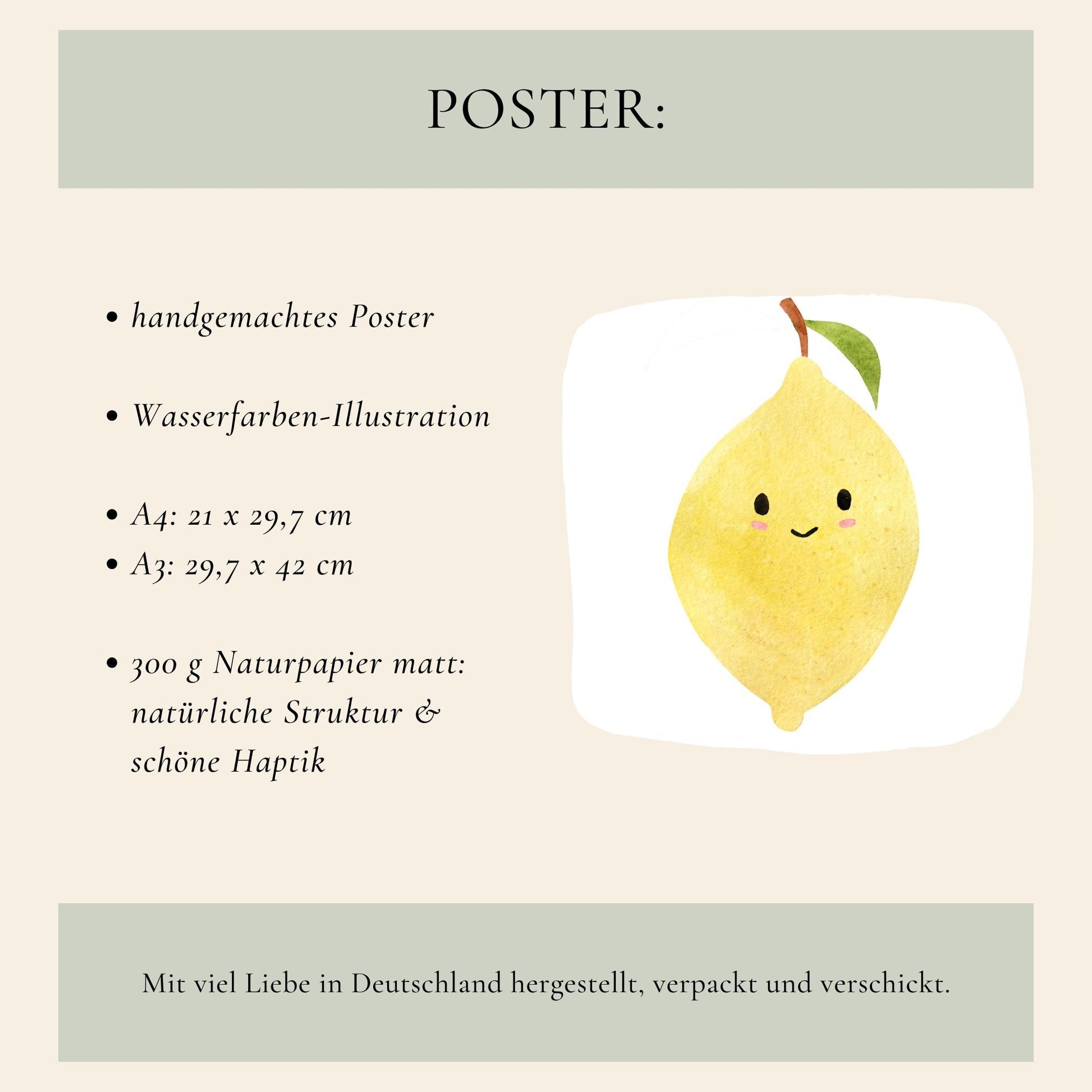 Poster Zitrone A5, A4 & A3 zeigt eine lächelnde Zitrone, ideal für fröhliche Kinderzimmerdeko auf hochwertigem, mattem Naturpapier.