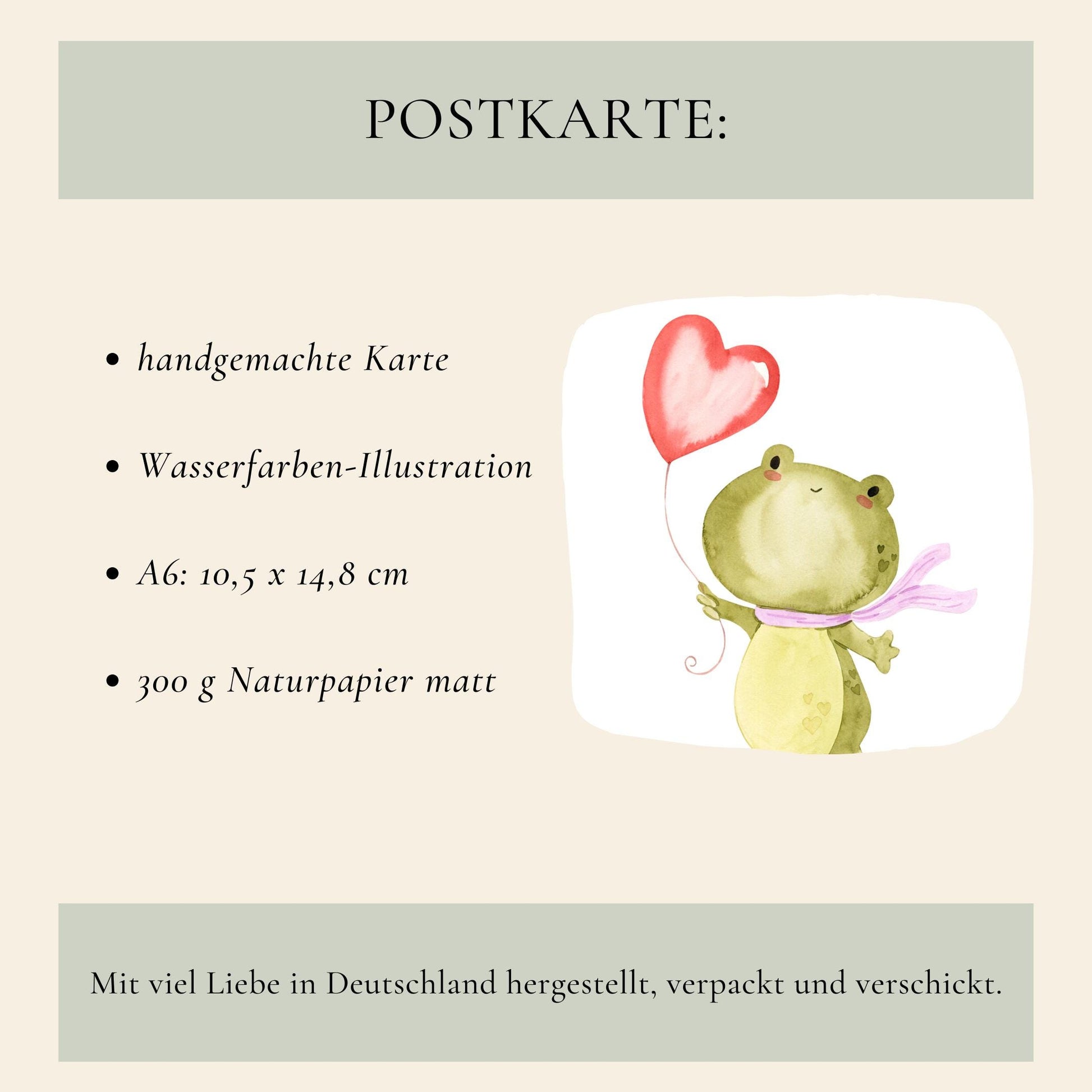 Postkarte Karte Frosch Alles Liebe A6 mit fröhlichem Froschmotiv und Schriftzug Alles Liebe. Hochwertiger Druck auf mattem Naturpapier, Größe A6.