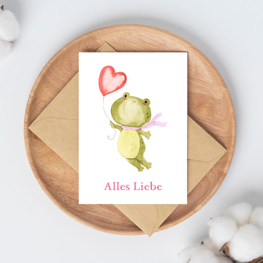 Postkarte Karte Frosch Alles Liebe A6 mit Frosch-Motiv und Alles Liebe Schriftzug auf hochwertigem, mattem Naturpapier. Rückseite beschreibbar. Größe A6, Umschlag separat erhältlich.