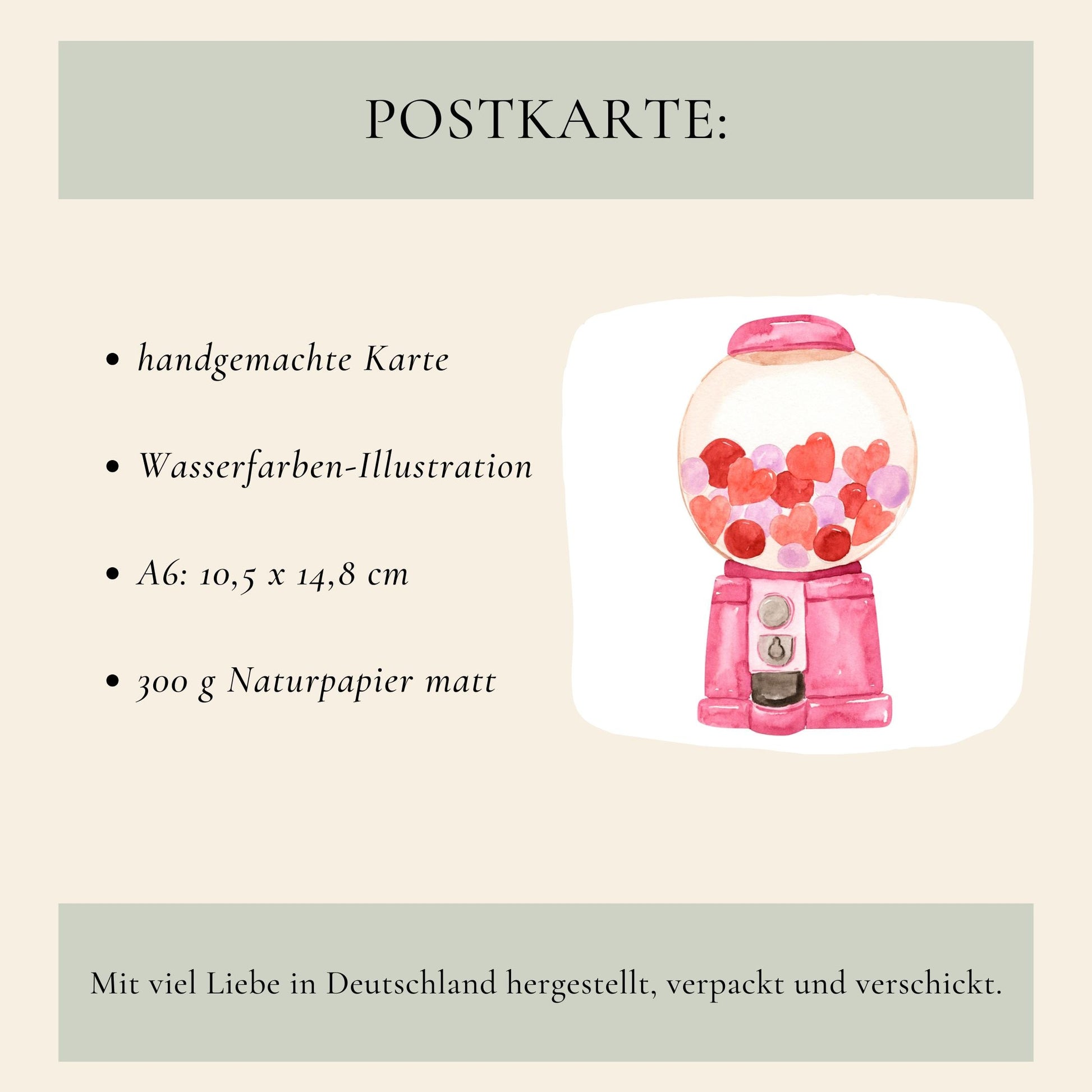 Postkarte Karte Süßigkeiten Alles Liebe A6 mit Retro-Motiv von Herz-Süßigkeiten und Alles Liebe Schriftzug, gedruckt auf mattem Naturpapier.