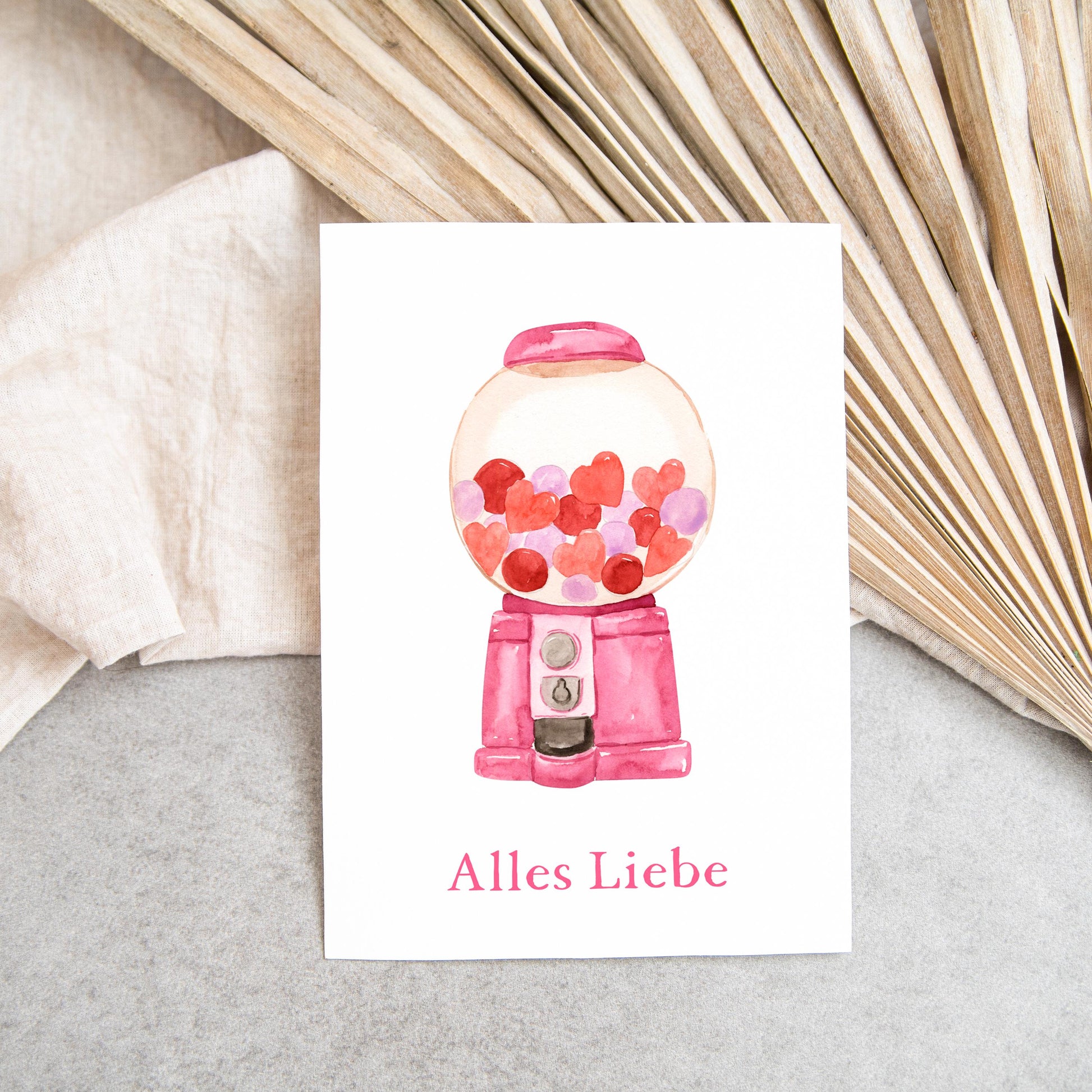 Postkarte Karte Süßigkeiten Alles Liebe A6 mit Retro-Motiv von herzförmigen Süßigkeiten und Alles Liebe Schriftzug, auf hochwertigem, mattem Naturpapier gedruckt.