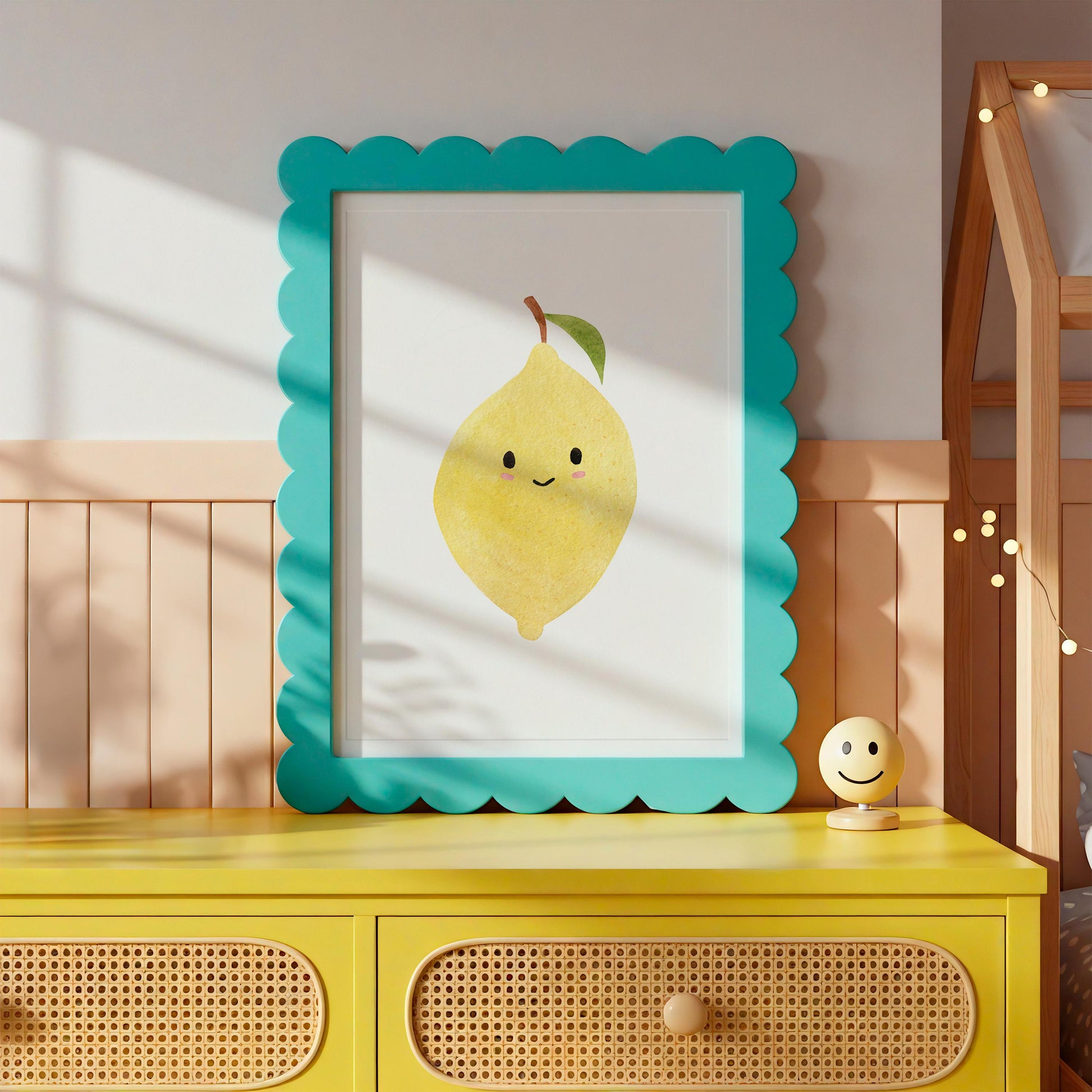 Poster Zitrone A5, A4 & A3 mit lächelnder Zitrone, ideal für Kinderzimmer. Hochwertiges Naturpapier, erhältlich in verschiedenen Größen. Perfekt als Dekoration oder Geschenk.