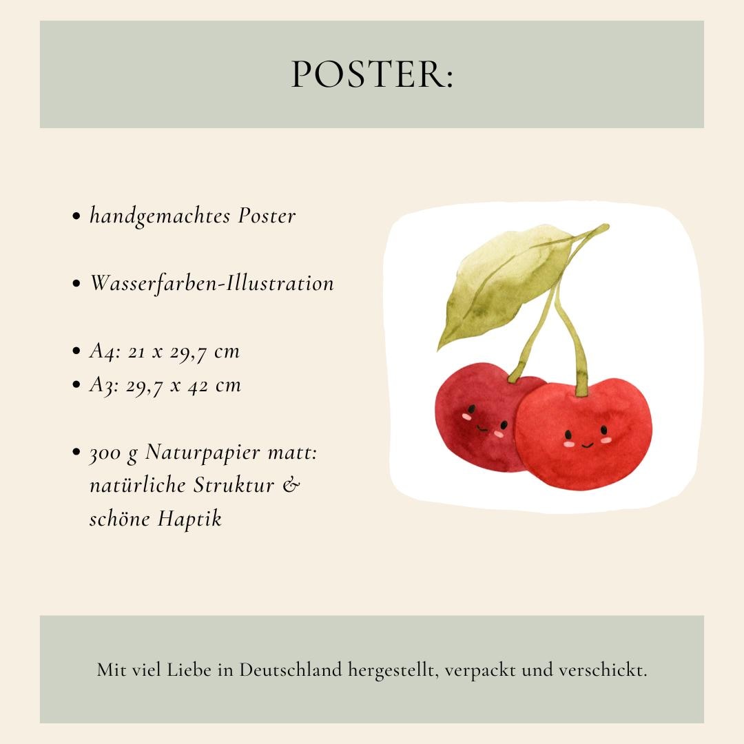 Poster Kirschen A5, A4 & A3 zeigt lächelnde Kirschen als fröhliche Kinderzimmerdeko. Gedruckt auf hochwertigem, stabilem 300g Naturpapier.