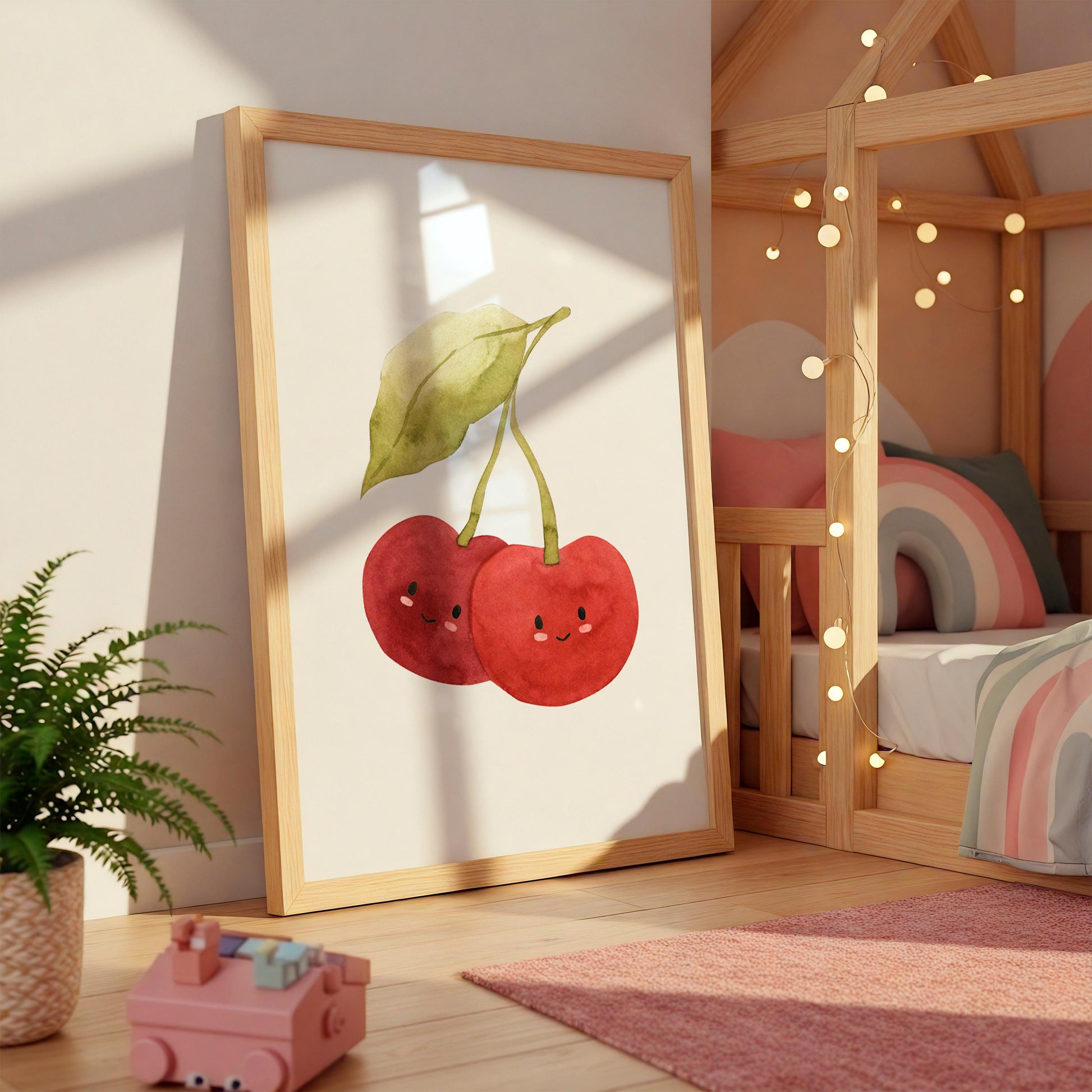 Poster Kirschen A5, A4 & A3: Lächelnde Kirschenmotiv auf hochwertigem, mattem Naturpapier. Perfekt für Kinderzimmerdekoration, ohne Rahmen geliefert. Größe wählbar.