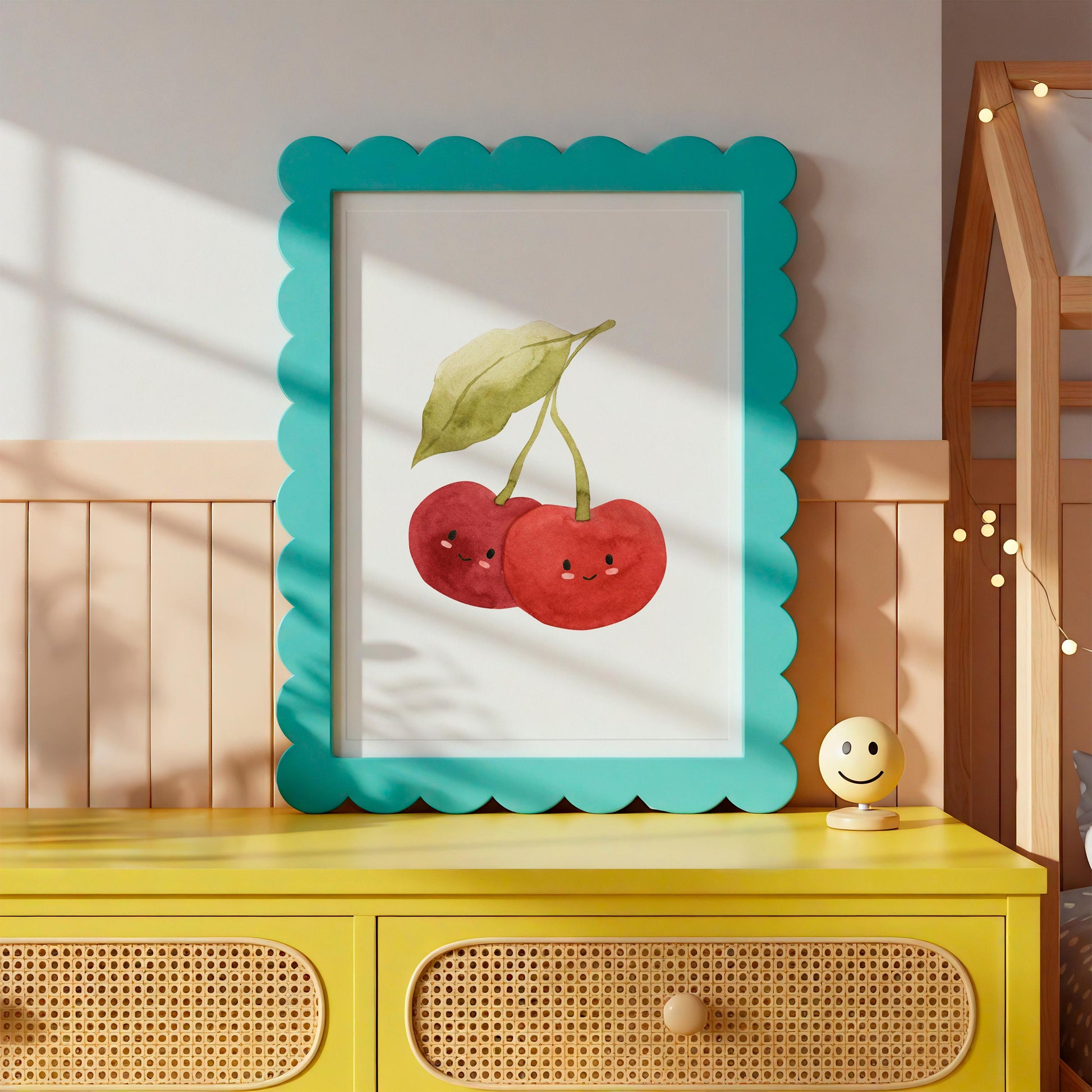 Poster Kirschen A5, A4 & A3: Fröhliches Sommer-Poster mit lächelnden Kirschen, ideal für Kinderzimmerdeko. Gedruckt auf hochwertigem 300g Naturpapier, rahmenlos aufhängbar.