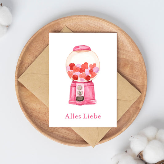 Postkarte Karte Süßigkeiten Alles Liebe A6 mit Retro-Motiv von herzförmigen Süßigkeiten und dem Schriftzug Alles Liebe, auf mattem 300g Naturpapier gedruckt.