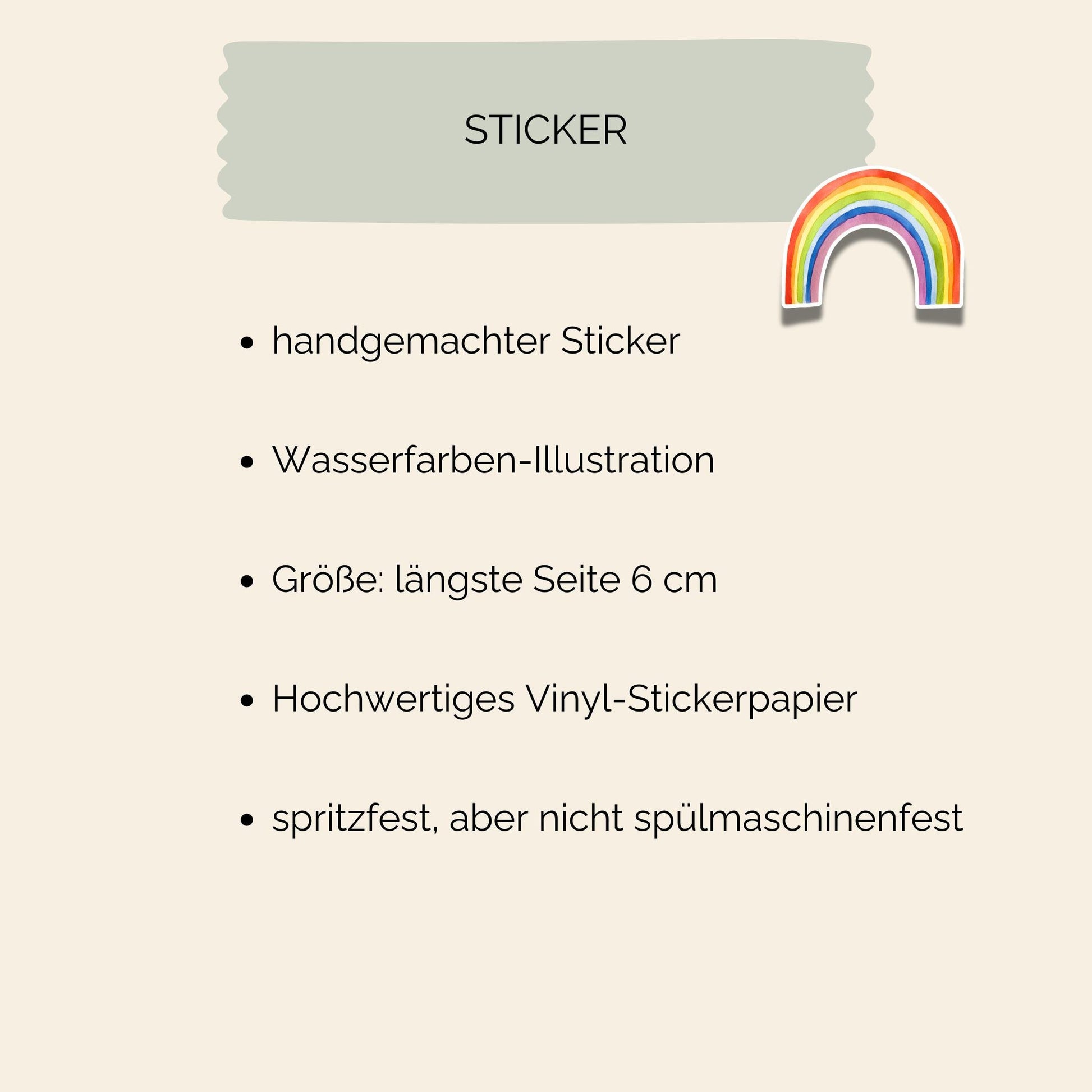 Sticker Regenbogen: Handgemalter, spritzfester Vinylsticker mit Wasserfarben-Illustration eines Regenbogens, 6 cm lang. Perfekt für Notizbücher, Laptops und Handys. Nicht spülmaschinenfest.