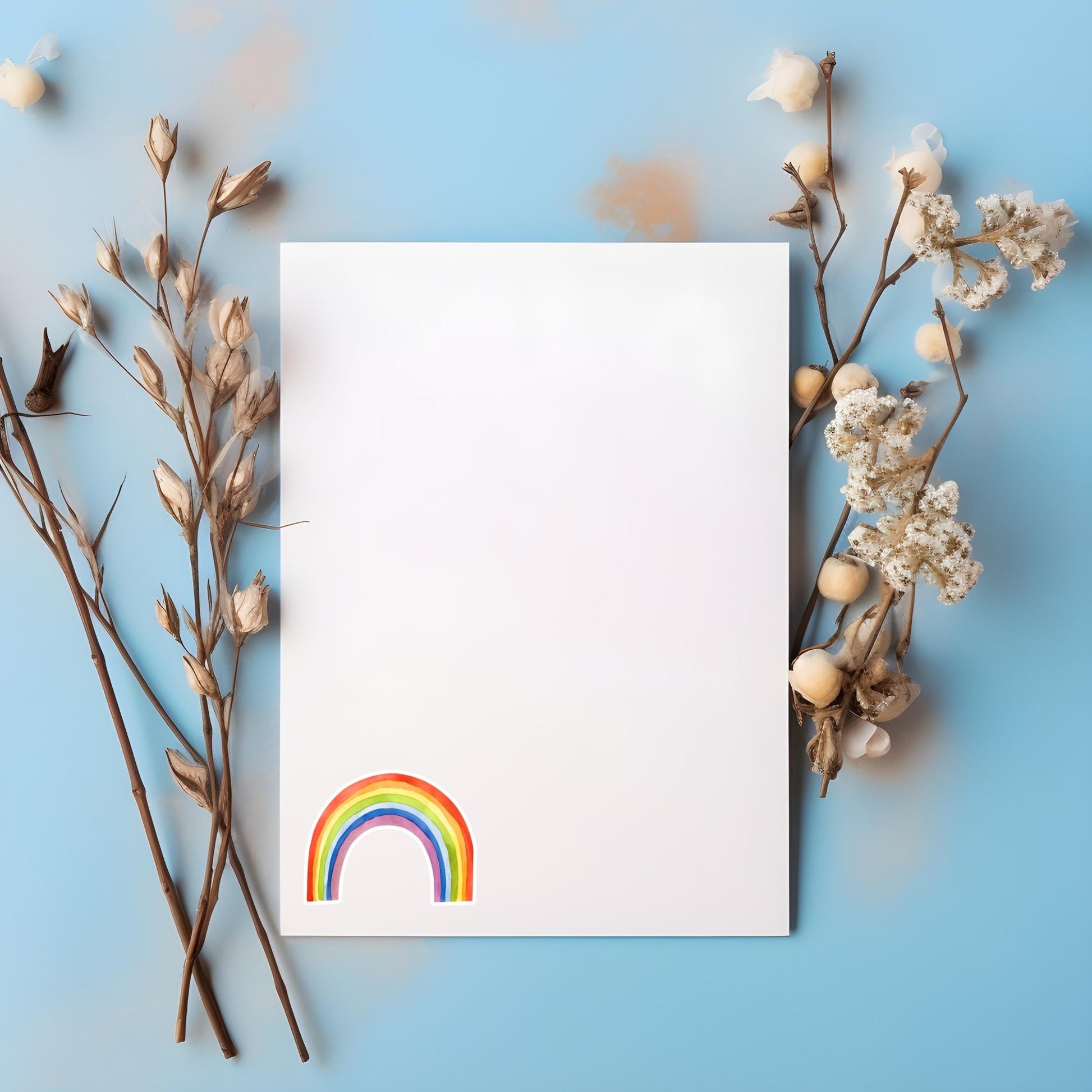 Sticker Regenbogen: Ein handgezeichneter Regenbogen auf weißem Papier mit getrockneten botanischen Elementen, ideal für Notizbücher und Dekoration.