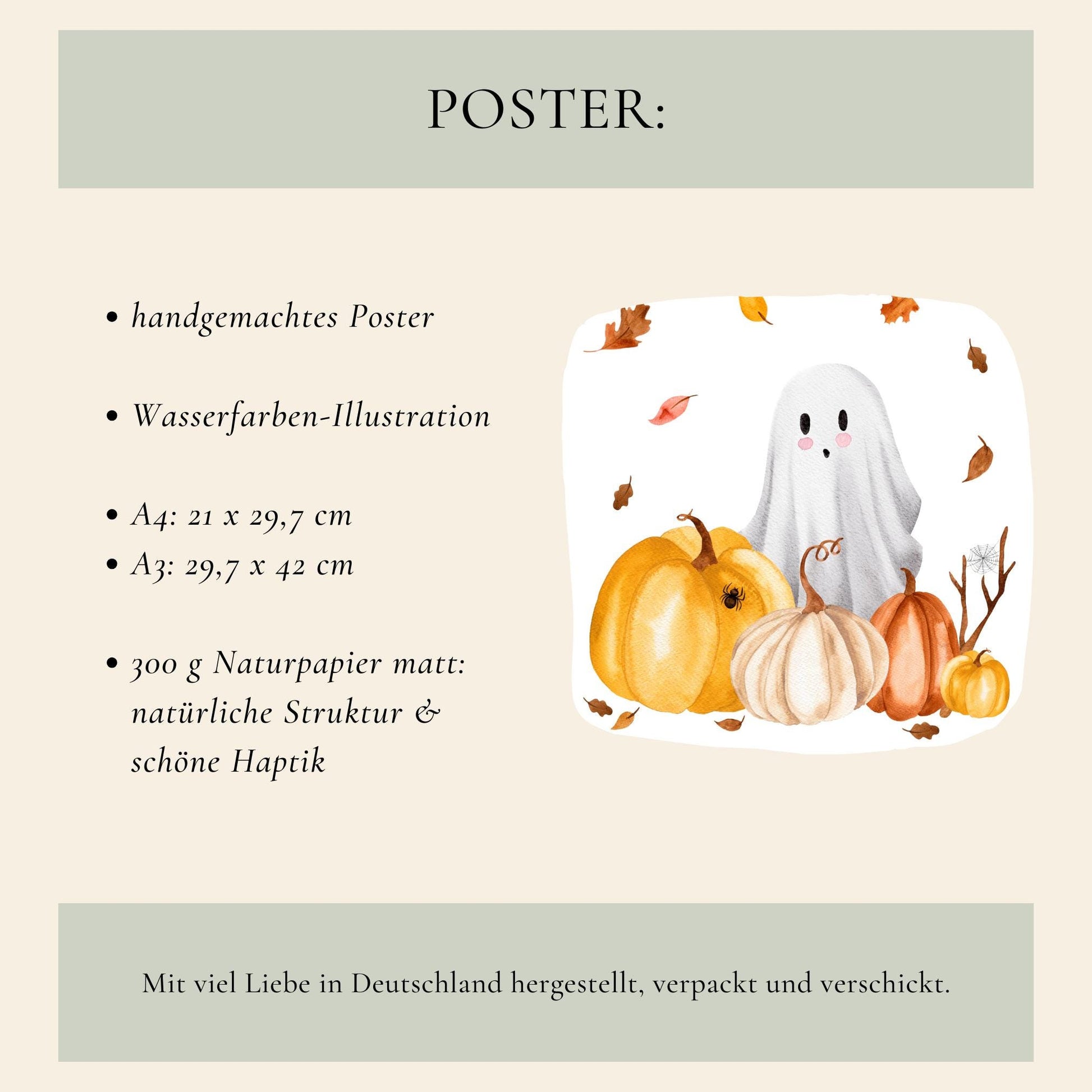 Poster Halloween Gespenst & Kürbis A5, A4 & A3: Handgemachtes Poster mit niedlichem Gespenster-Kobold zwischen Kürbissen, Herbstblättern und Spinnennetz, auf 300g mattem Naturpapier.