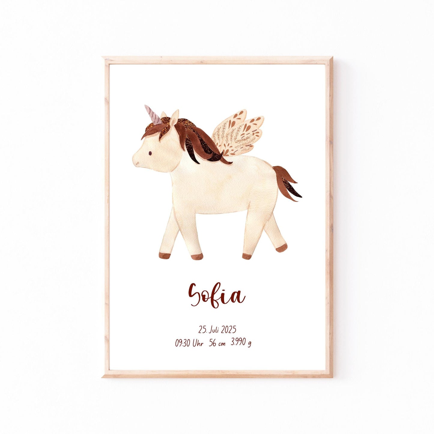 Geburtsposter Einhorn - personalisiert: Aquarell Pegacorn mit Sofias Geburtsdetails, auf hochwertigem Papier gedruckt, ideal für Kinderzimmer, individuell anpassbar.