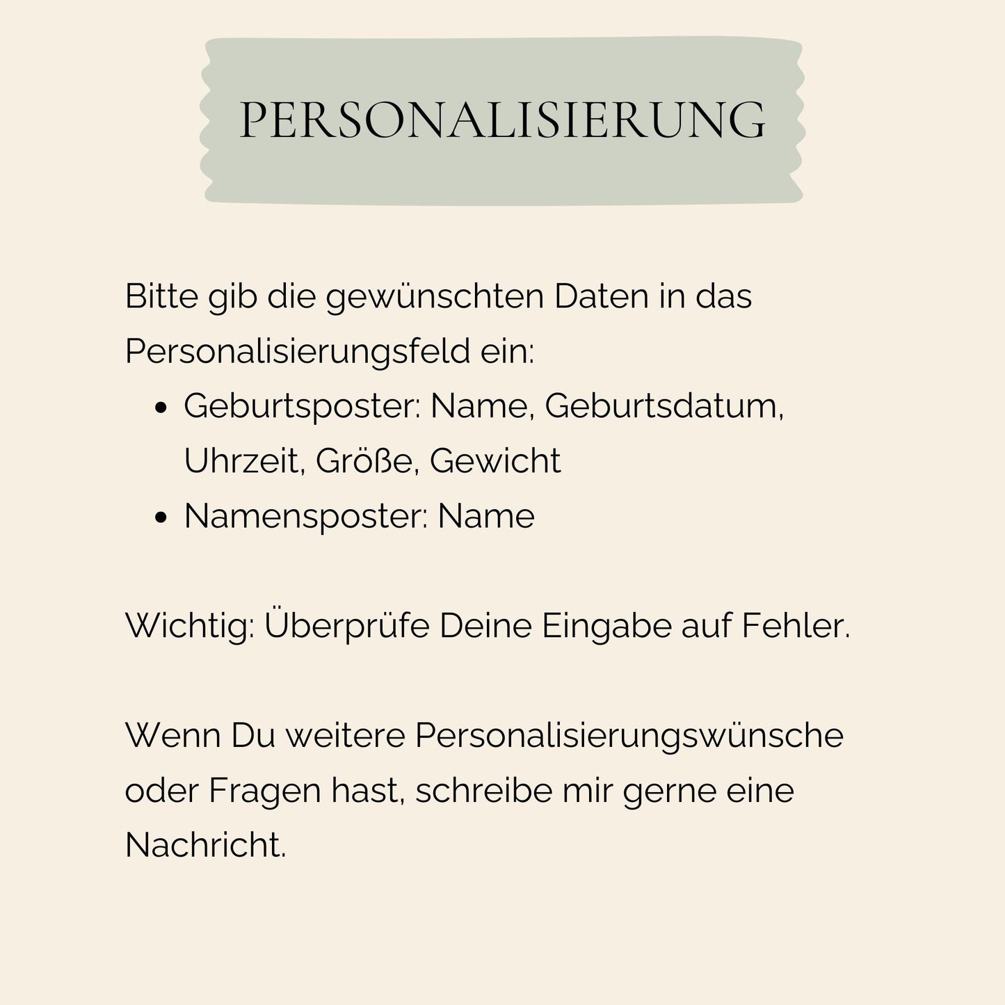 Personalisierungs-Anleitung für Geburtsposter Baum: Name, Geburtsdatum, Uhrzeit, Größe, Gewicht eintragen. Wichtig: Eingaben prüfen, bei Fragen Nachricht senden.