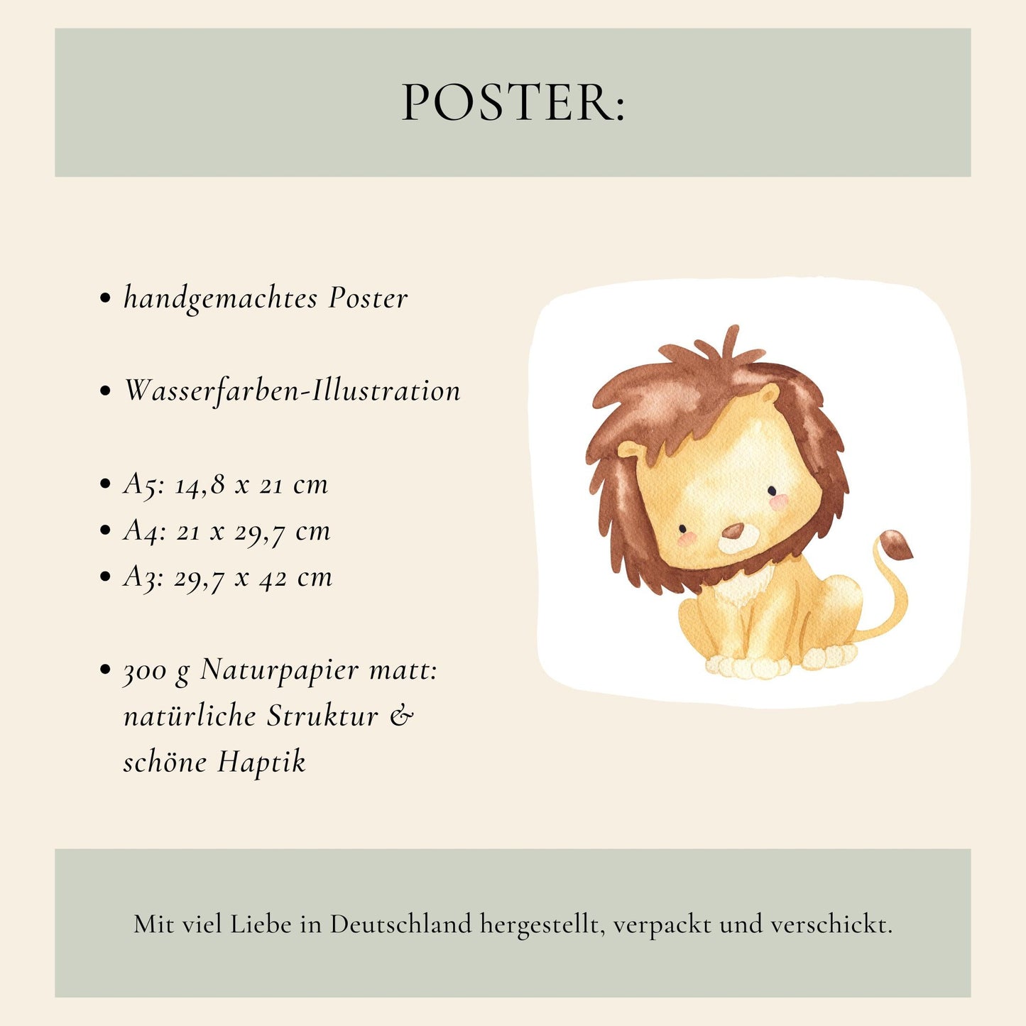 Geburtsposter Löwe - personalisiert: Handgemachtes A5, A4 oder A3 Poster mit Aquarell-Löwenillustration, gedruckt auf 300g mattem Naturpapier, individuell mit Namen und Geburtsdaten.