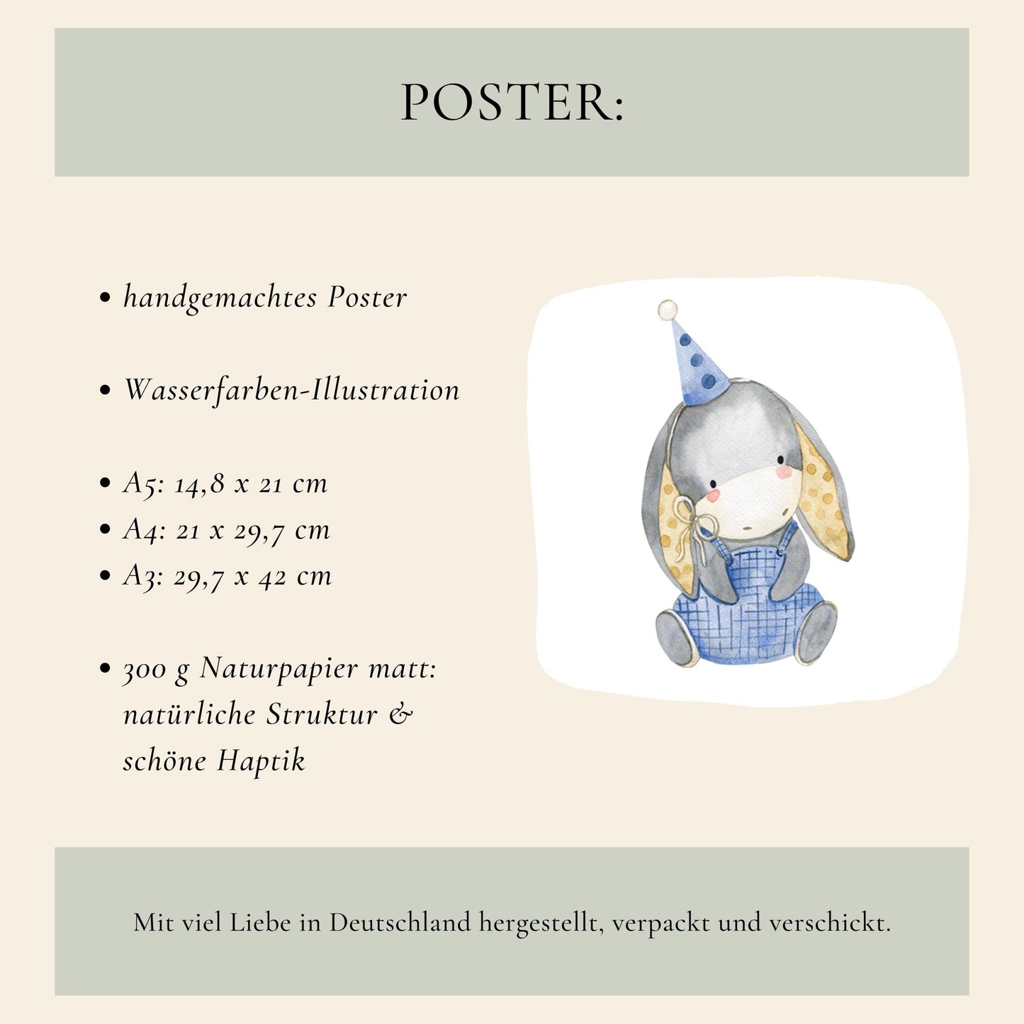 Geburtsposter Esel personalisiert: Handgemachtes A3-A5 Poster mit grauem Kuscheltierhase in blauer Latzhose, auf 300g mattem Naturpapier. Ideal als personalisiertes Kinderzimmergeschenk.