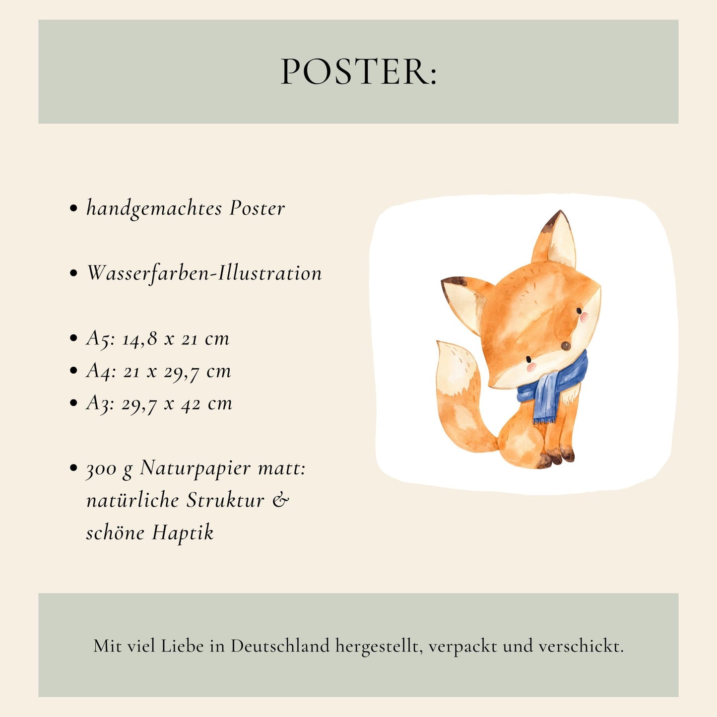 Geburtsposter Fuchs personalisiert: Aquarell-Illustration eines kleinen Fuchses mit blauem Schal, gedruckt auf mattem Naturpapier, in Größen A5, A4, A3 erhältlich.