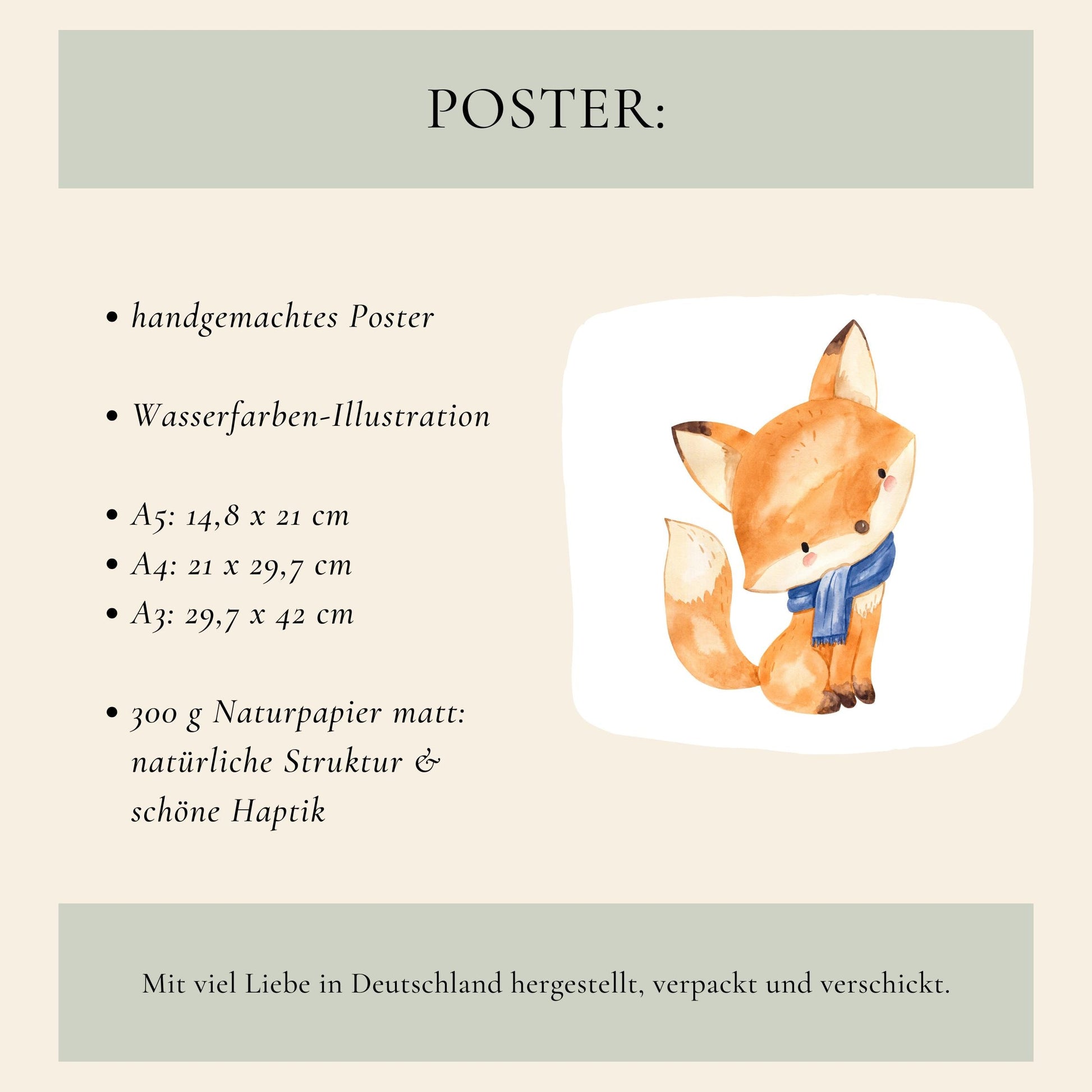Geburtsposter Fuchs personalisiert: Aquarell-Illustration eines kleinen Fuchses mit blauem Schal, gedruckt auf mattem Naturpapier, in Größen A5, A4, A3 erhältlich.