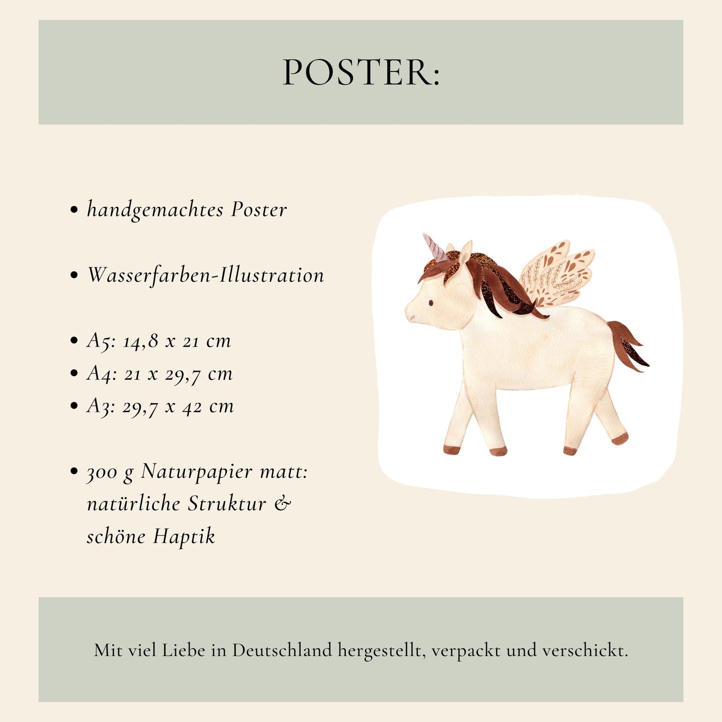 Geburtsposter Einhorn - personalisiert: Handgemachte Aquarell-Illustration eines cremefarbenen Einhorns mit roségoldenem Horn und Blättermuster-Flügeln, erhältlich in A5, A4, A3 auf 300g Naturpapier.