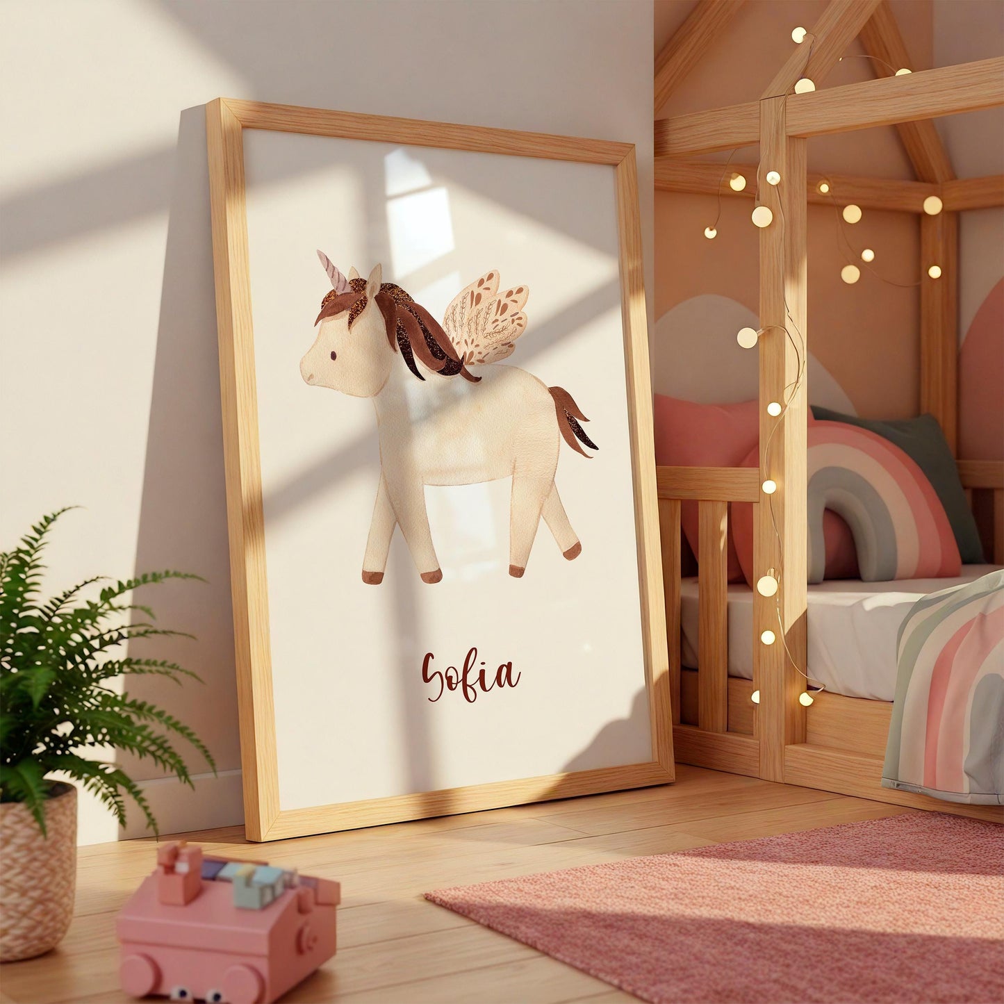 Geburtsposter Einhorn - personalisiert: Illustration eines geflügelten Einhorns mit Namen Sofia in hellem Rahmen, perfekt für Kinderzimmer-Dekoration.