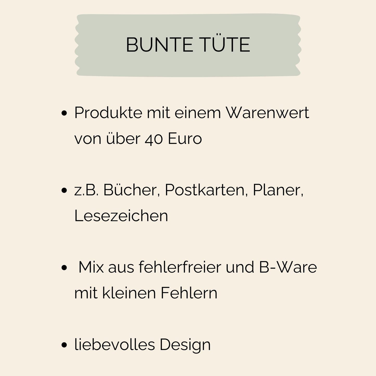 Bunte Tüte: Infografik mit Details zur Mystery Box über 40 Euro, enthält fehlerfreie Produkte und B-Ware, z.B. Bücher, Postkarten, Planer.