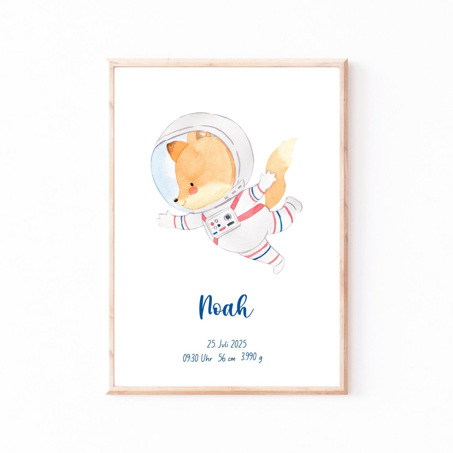 Geburtsposter Astronaut personalisiert zeigt einen Fuchs im Astronautenanzug mit Noah und Geburtsdaten: 25. Juli 2025, 09:30 Uhr, 56 cm, 3.990 g.