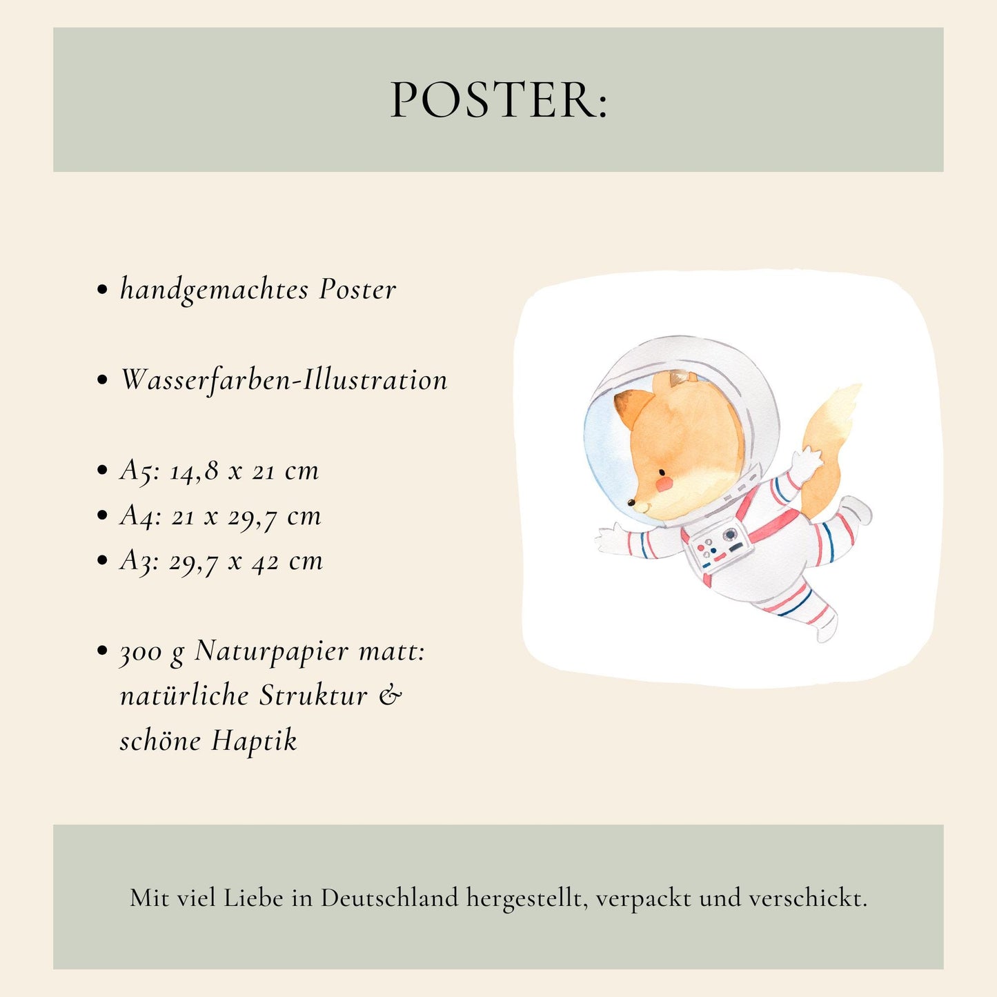 Geburtsposter Astronaut personalisiert: Illustration eines schwebenden Fuchses im Raumanzug, handgemacht auf mattem Naturpapier, personalisierbar mit Namen und Geburtsdaten, in Formaten A5, A4, A3.