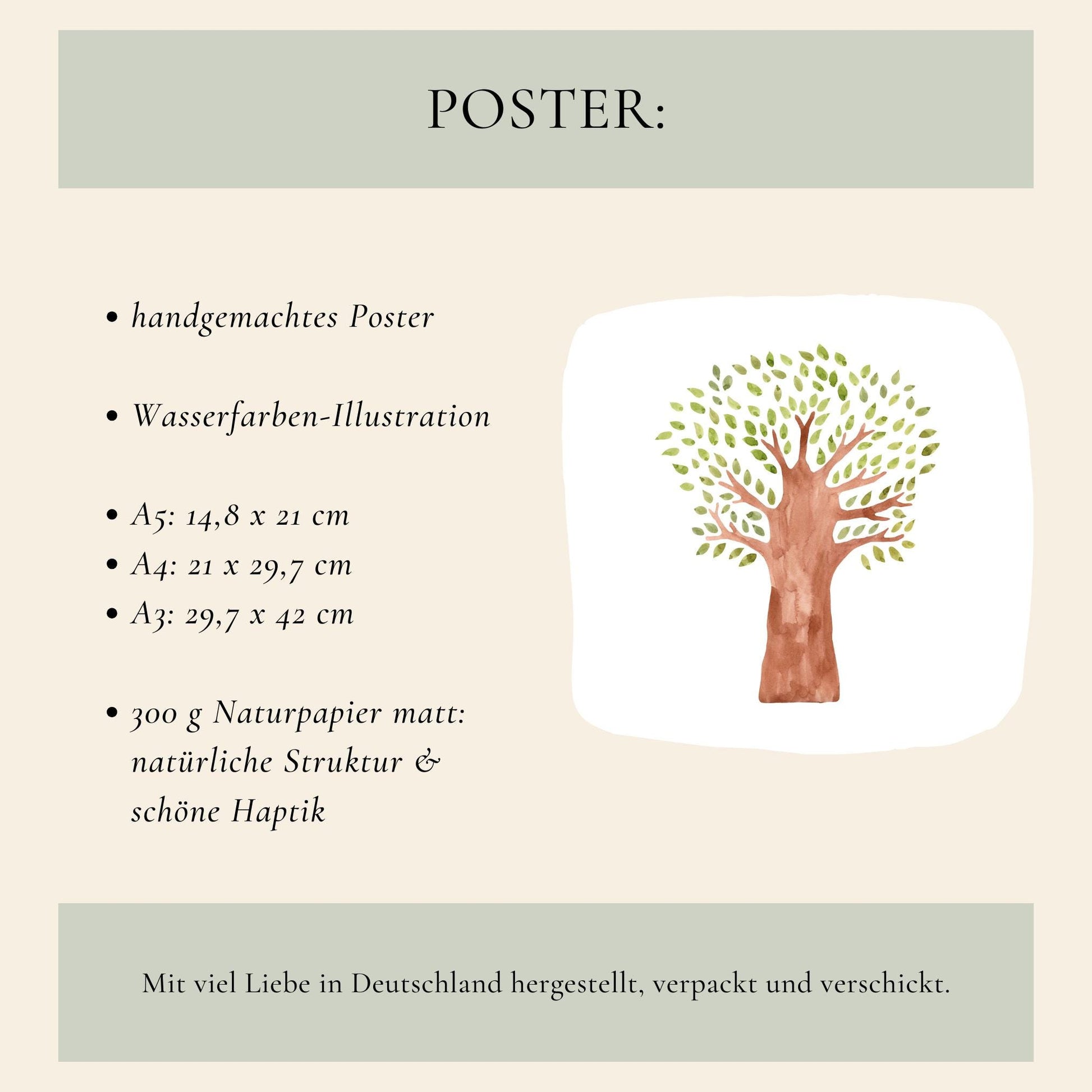 Geburtsposter Baum personalisiert: Handgemaltes Aquarell mit grünem Blätterbaum auf Naturpapier. Erhältlich in A5, A4, A3, personalisierbar mit Namen und Geburtsdaten.