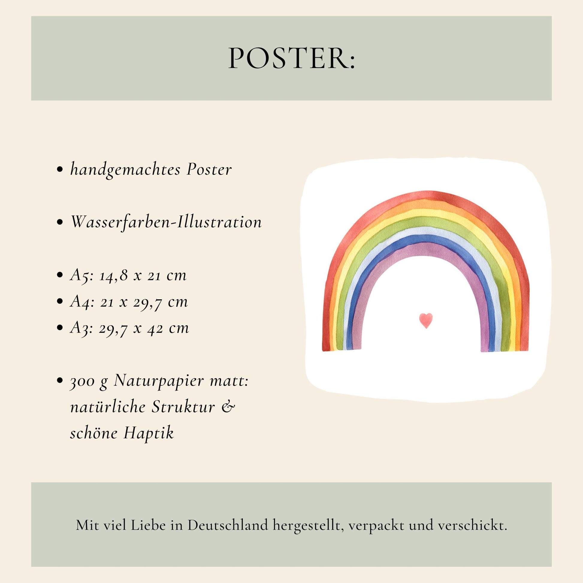 Poster Regenbogen A3, A4 & A5: Handgemachtes Aquarellposter mit Regenbogen und Herz, auf 300 g mattem Naturpapier. Perfekt für Kinderzimmerdeko oder als Geschenk.