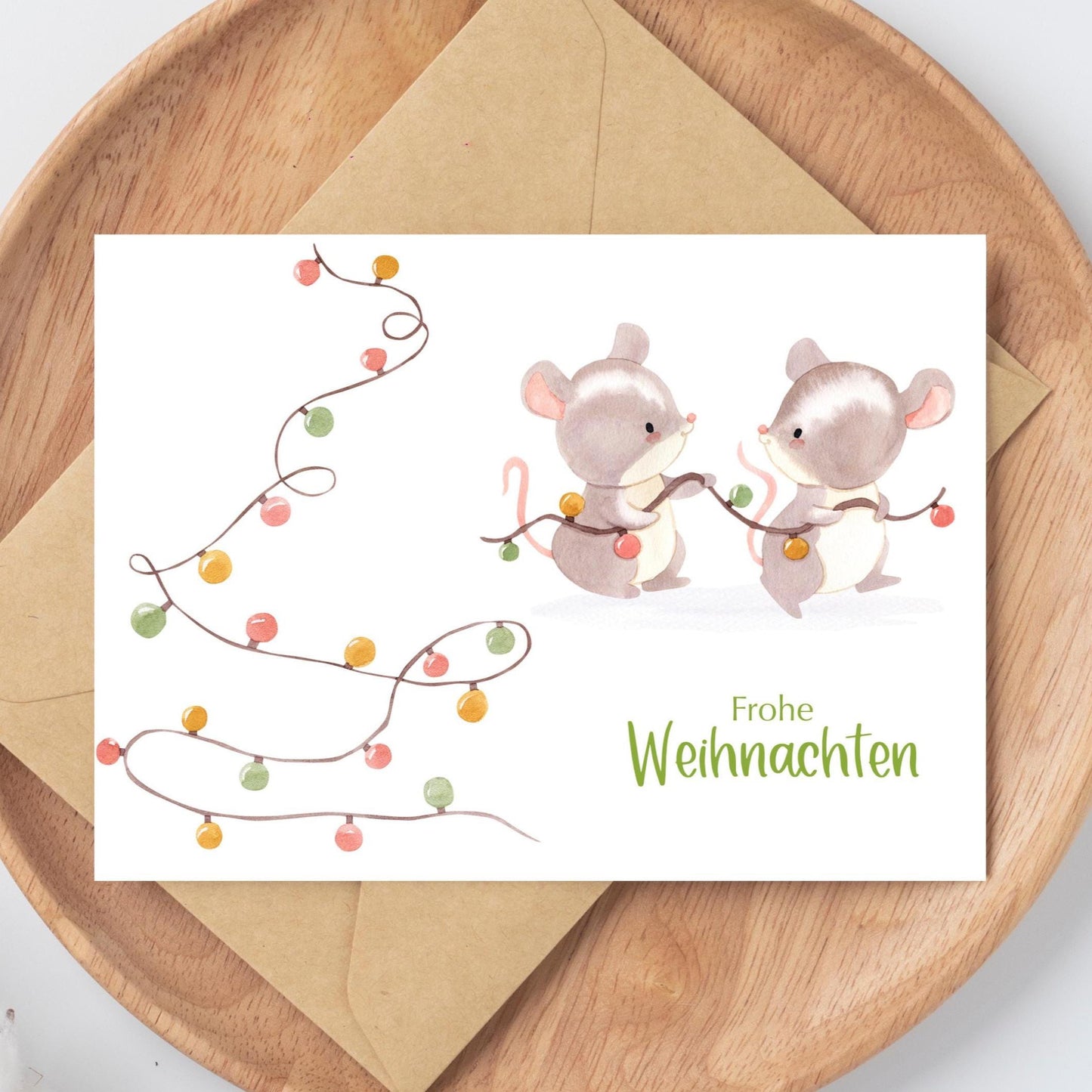Weihnachtskarte Mäuse & Lichterkette Frohe Weihnachten A6