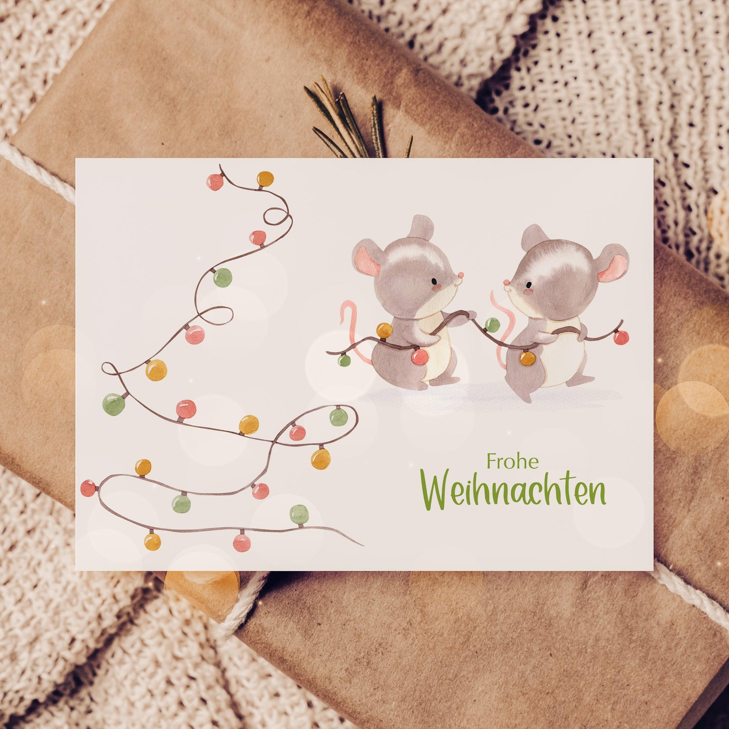 Weihnachtskarte Mäuse & Lichterkette Frohe Weihnachten A6