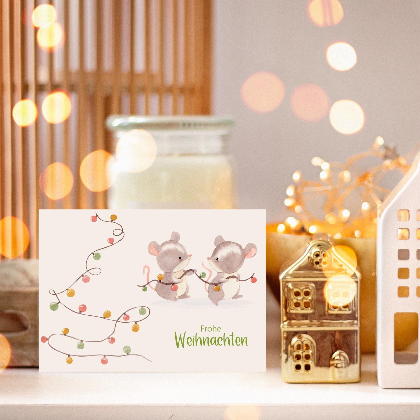 Weihnachtskarte Mäuse & Lichterkette Frohe Weihnachten A6