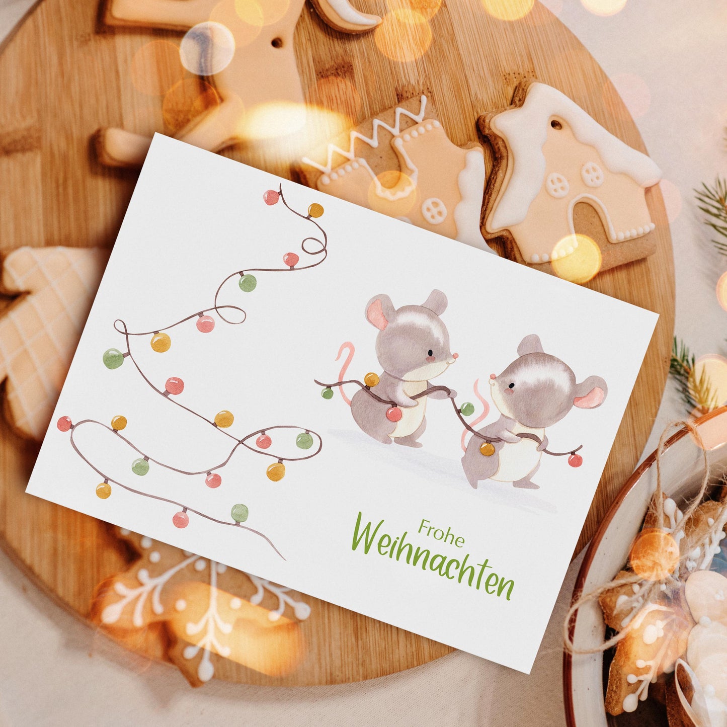 Weihnachtskarte Mäuse & Lichterkette Frohe Weihnachten A6