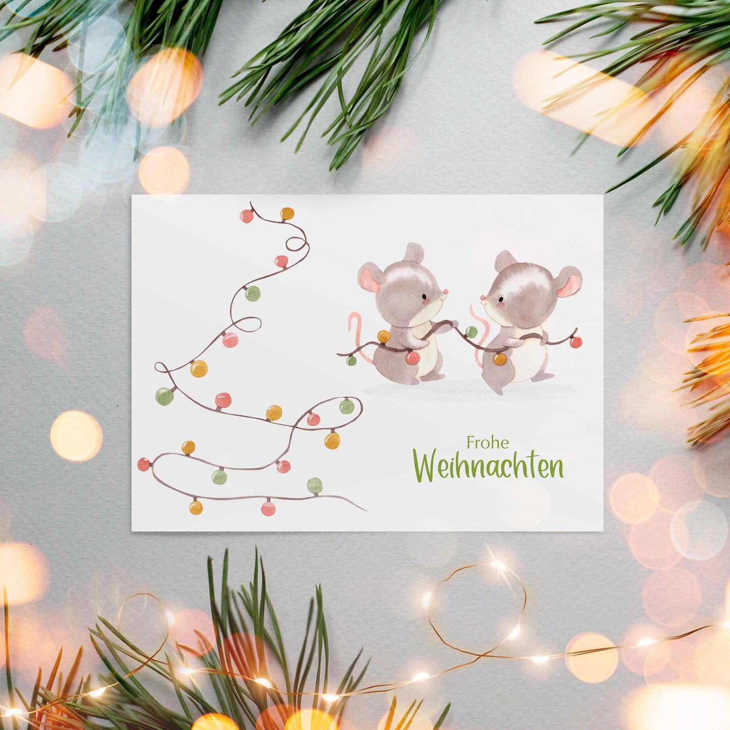 Weihnachtskarte Mäuse & Lichterkette Frohe Weihnachten A6