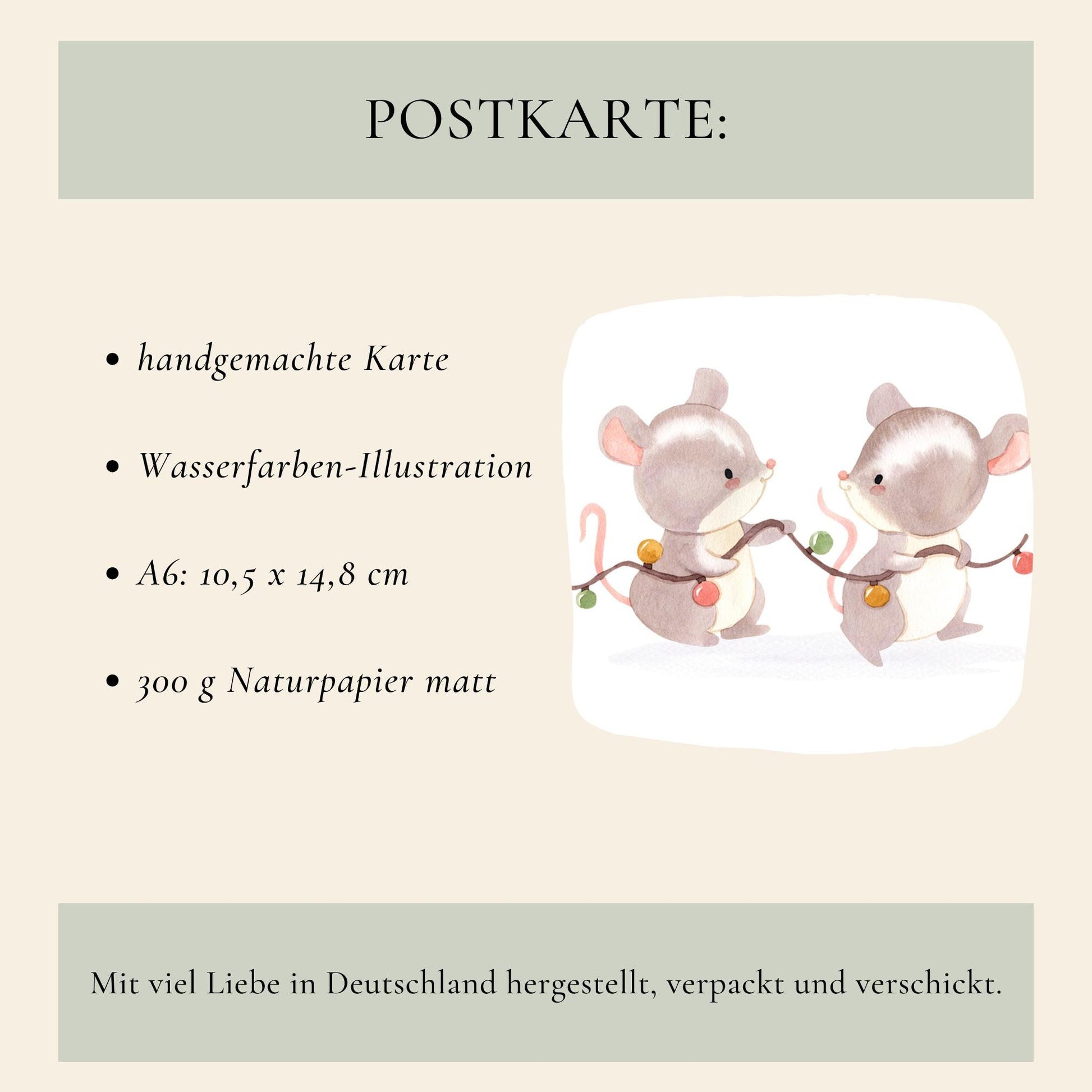 Weihnachtskarte Mäuse & Lichterkette Frohe Weihnachten A6 mit handgemalter Wasserfarben-Illustration von zwei Mäusen mit Lichterkette, auf hochwertigem, mattem Naturpapier gedruckt.