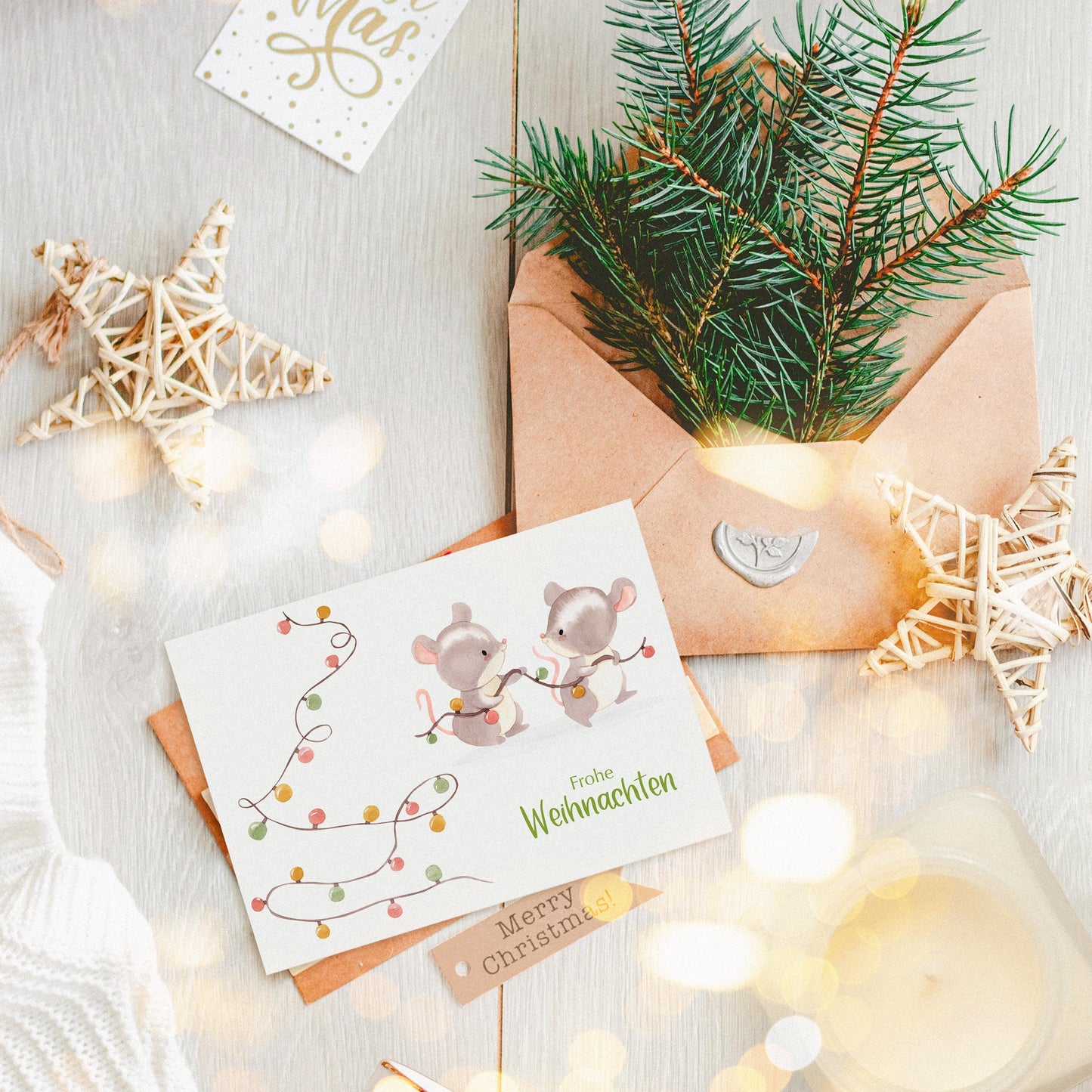 Weihnachtskarte Mäuse & Lichterkette Frohe Weihnachten A6