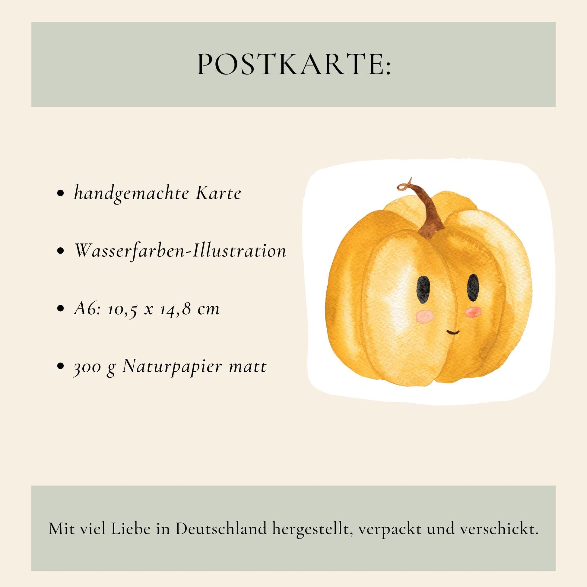 Postkarten Set Kürbis A6: Handgemachte Karte mit fröhlichem Kürbis in Wasserfarben, gedruckt auf 300g Naturpapier, A6 Größe. Hergestellt und verpackt in Deutschland.