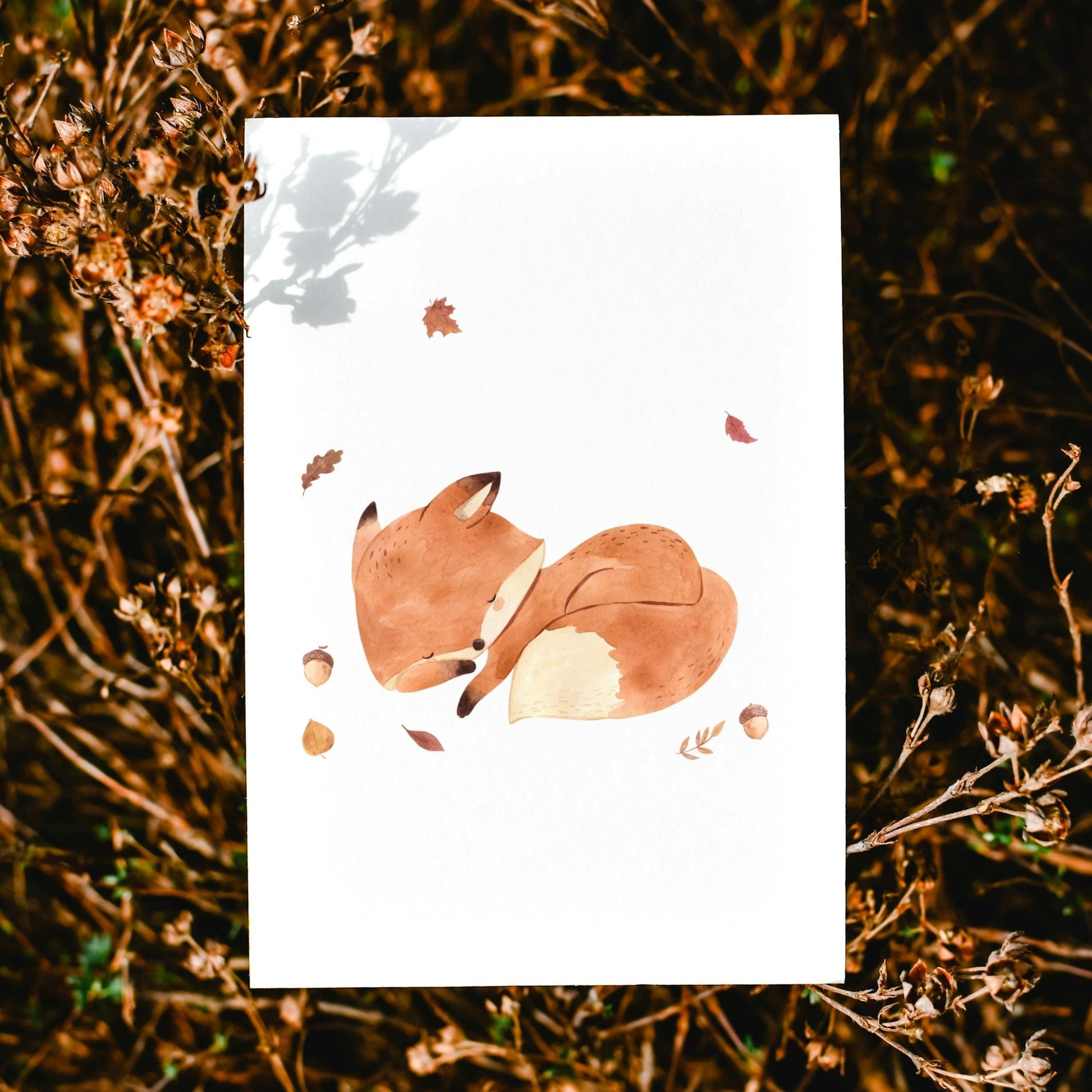 Postkarte Karte Fuchs & Herbstlaub A6 zeigt einen schlafenden Fuchs in Herbstlaub auf hochwertigem 300g Naturpapier. Ideal für Grüße oder Herbstdekoration.