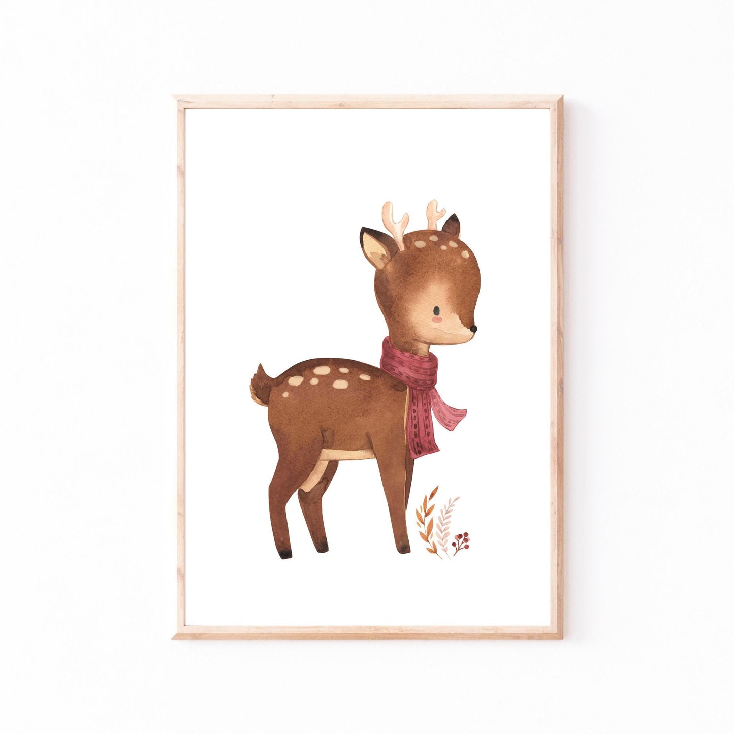 Namensposter personalisiert 3er Set Waldtiere: Aquarell-Fawn mit Schal und Herbstlaub, gerahmt in hellem Holz. Perfekt für Kinderzimmer als Geschenk oder Deko.