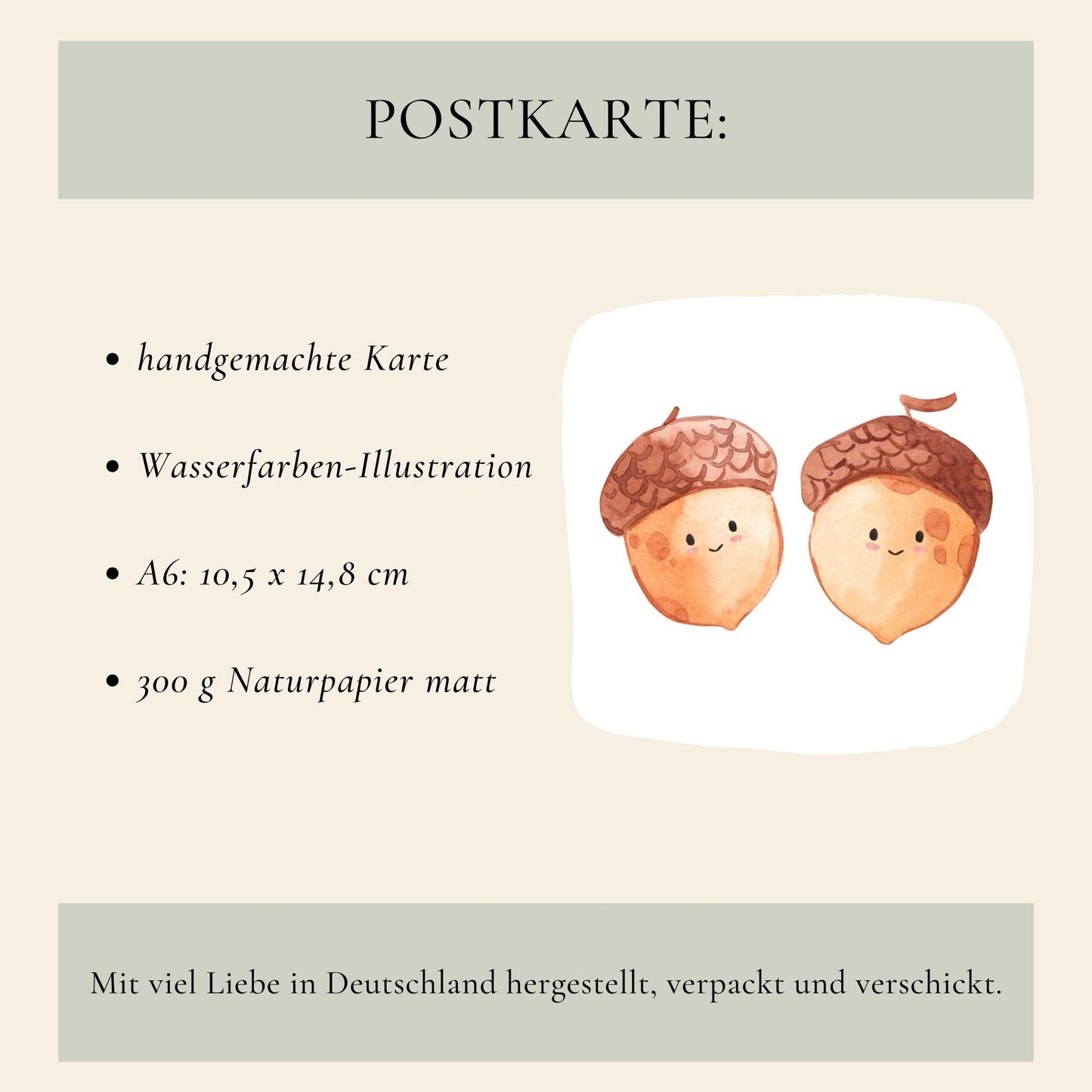 Karte Eicheln & Herbstlaub A6: Handgemachte Postkarte mit Aquarellillustration von lächelnden Eicheln, auf 300g mattem Naturpapier. Perfekt für Grüße und Herbstdekoration.