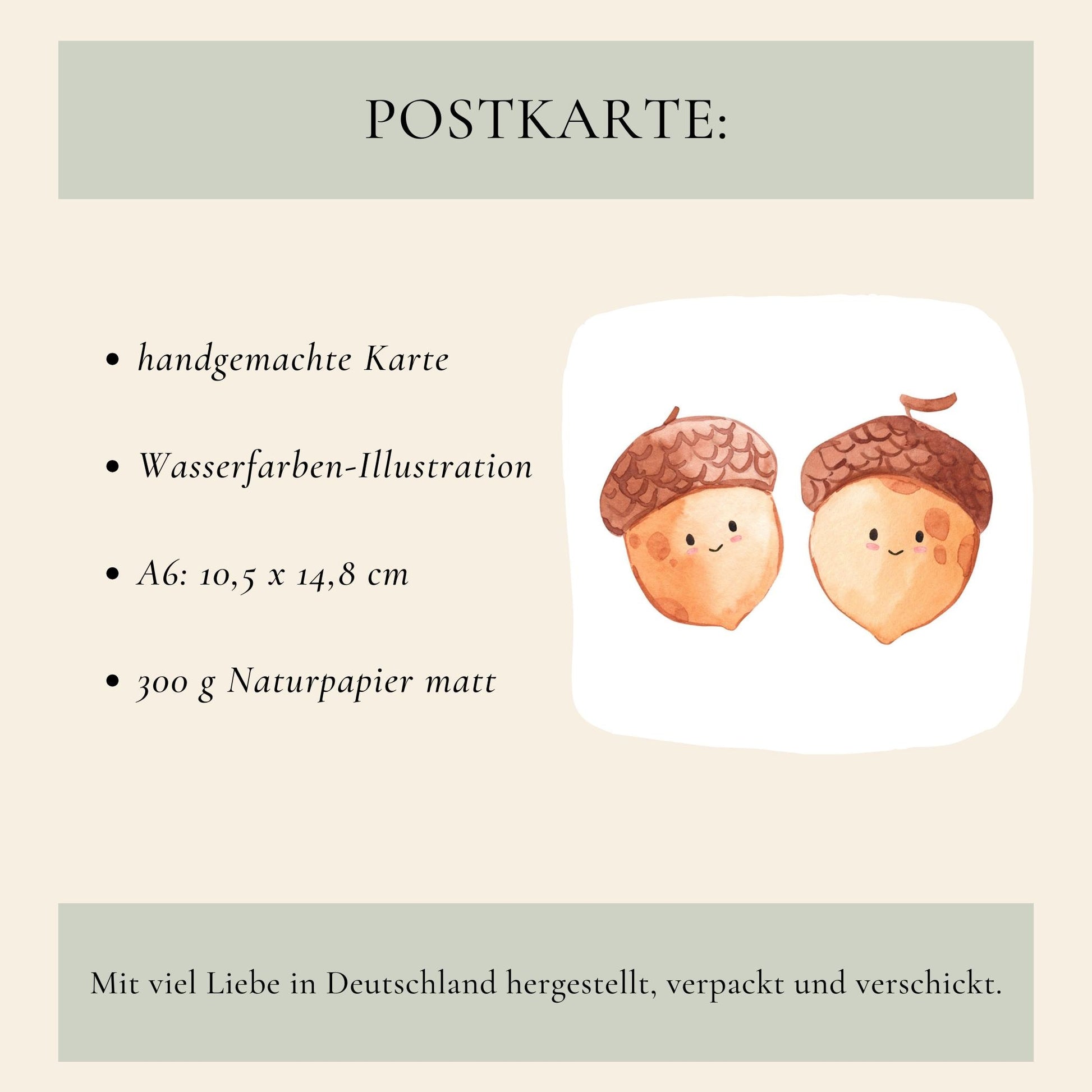 Karte Eicheln & Herbstlaub A6: Handgemachte Postkarte mit Aquarellillustration von lächelnden Eicheln, auf 300g mattem Naturpapier. Perfekt für Grüße und Herbstdekoration.