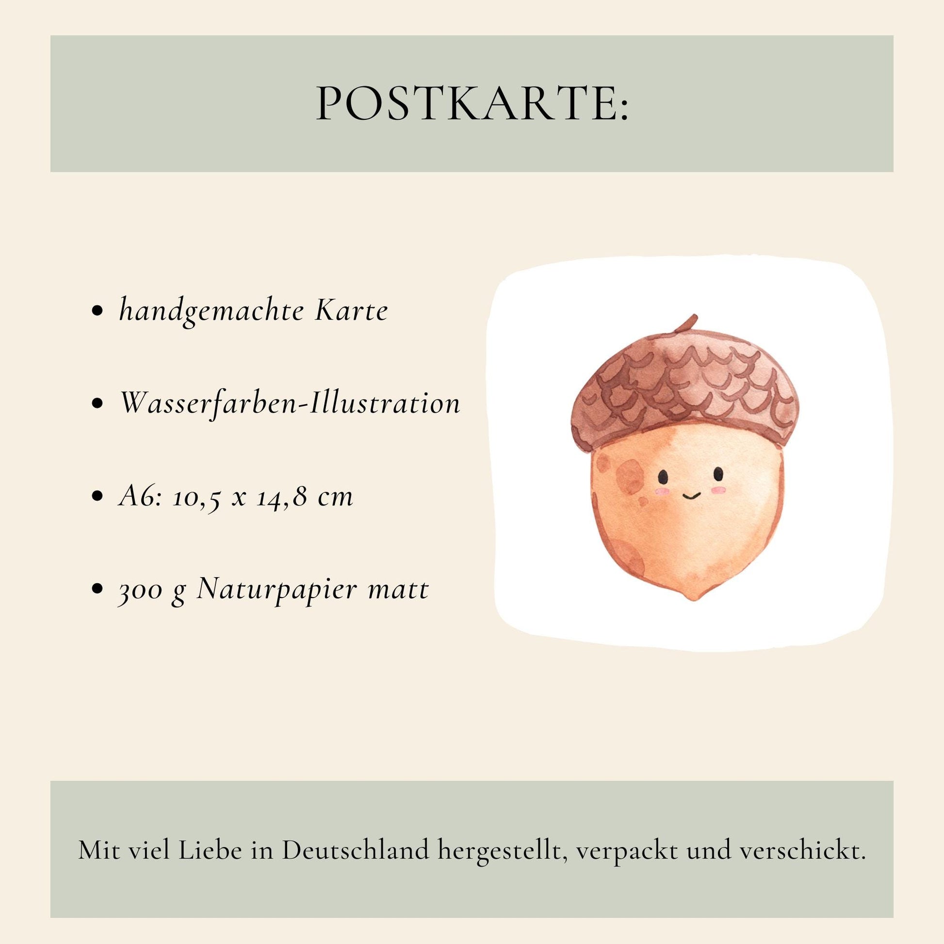 Handgemachte Postkarte Karte Eichel A6 mit niedlicher, lächelnder Eichel in Aquarell auf mattem 300g Naturpapier, A6-Format, ideal für Grüße oder Dekoration.