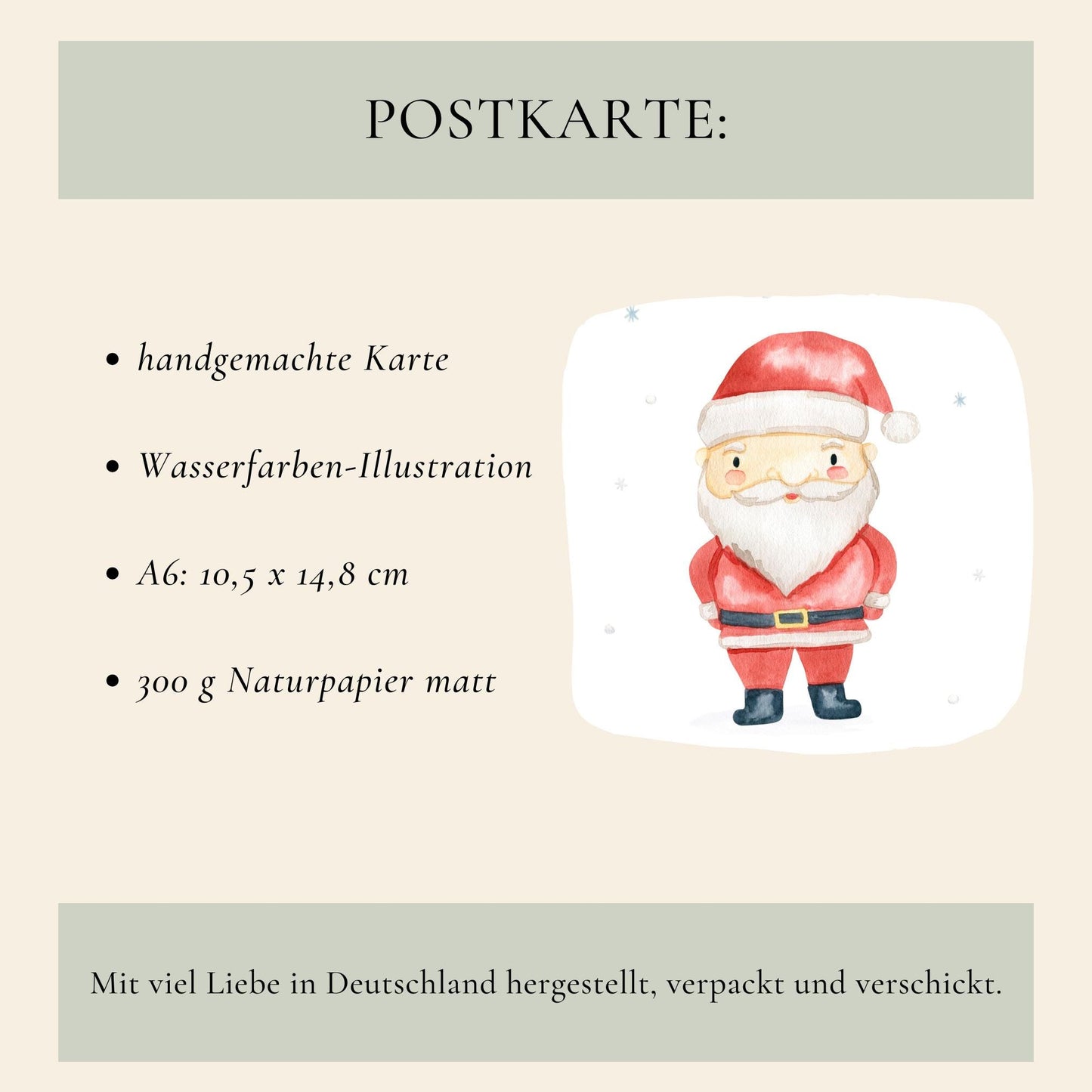 Personalisierte Weihnachtskarte Weihnachtsmann A6 mit handgemalter Wasserfarben-Illustration von Santa, auf 300 g/m² Naturpapier. In Deutschland handgefertigt und personalisierbar.