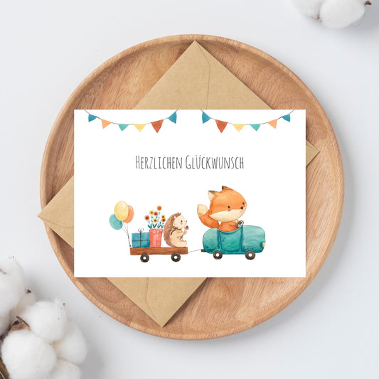 Karte Kindergeburtstag Igel und Fuchs A6