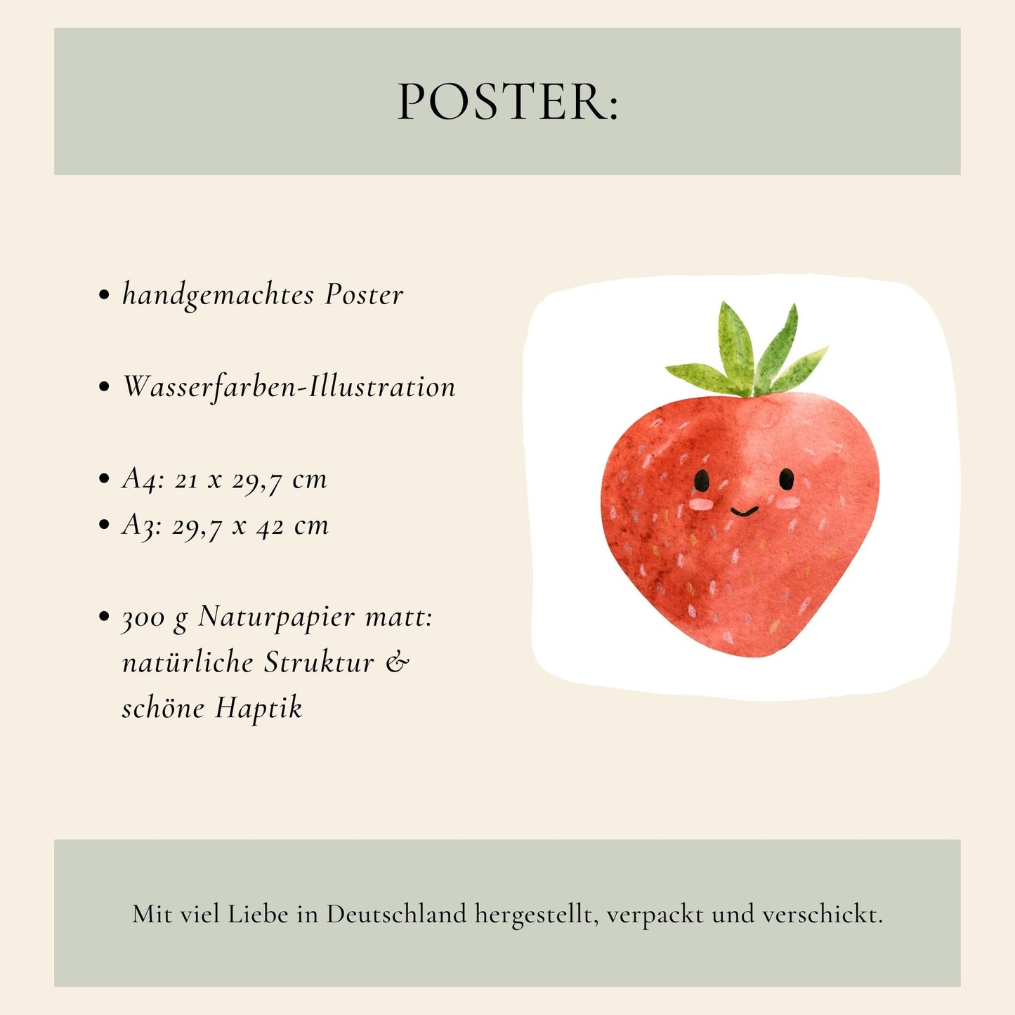 Handgemachtes Namensposter Erdbeere in A3 und A4, zeigt eine lächelnde Erdbeere, personalisierbar, gedruckt auf 300 g/m² Naturpapier, ideal für Kinderzimmer.