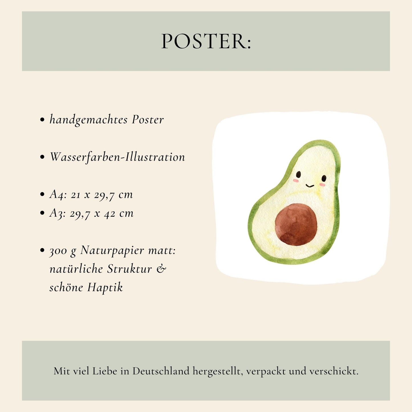 Namensposter Avocado A3 & A4 zeigt eine lächelnde, handgemalte Avocado-Aquarellillustration auf hochwertigem Naturpapier, personalisierbar mit Namen und Geburtsdaten.