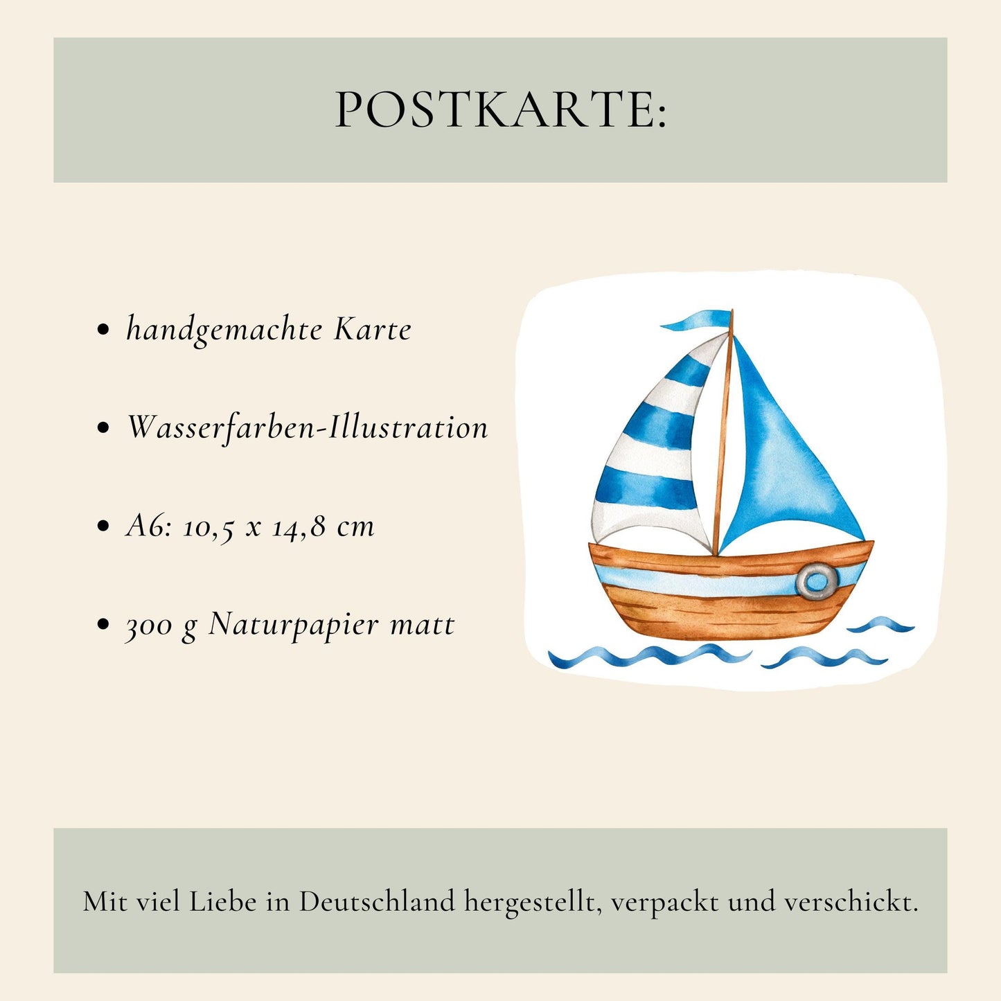 Postkarte Segelboot A6 mit handgemalter Wasserfarben-Illustration eines Segelboots, gedruckt auf 300 g mattem Naturpapier. Größe: 10,5 × 14,8 cm.