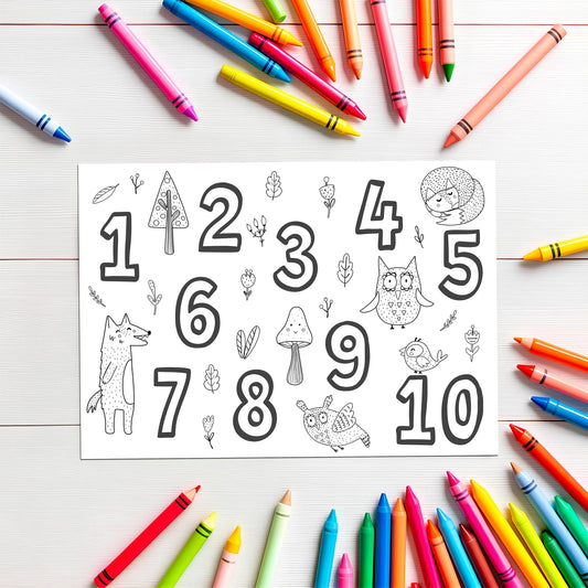 Kostenlose Malvorlage für Kinder: Zahlen und Waldtiere zum Ausmalen